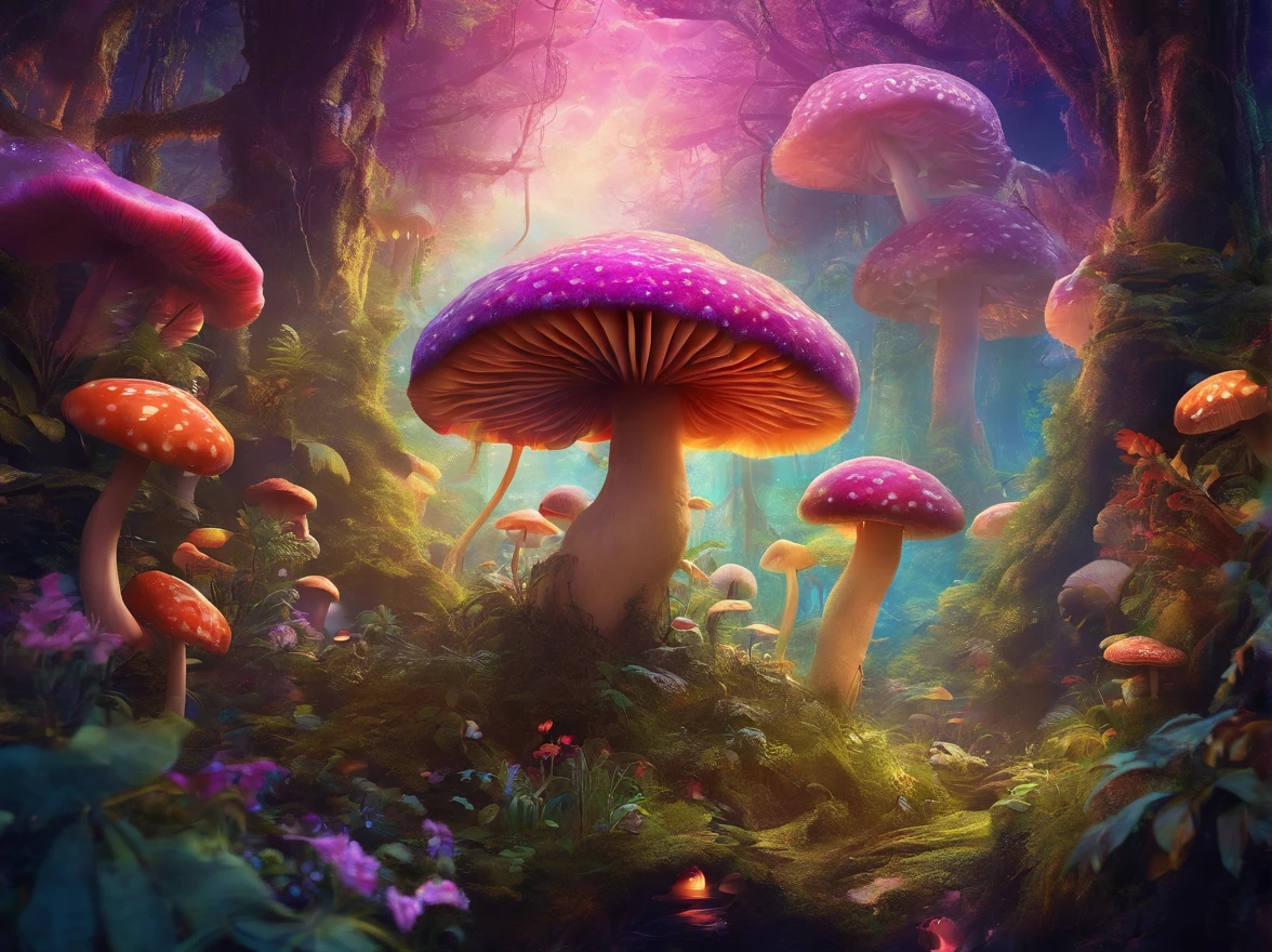 cogumelo trippy,Mushroom forest,Fantastic effects,Rainforest forest,A plant,(Masterpiece, Best quality), Intricate details, 8K, art stations, Sharp focus,,