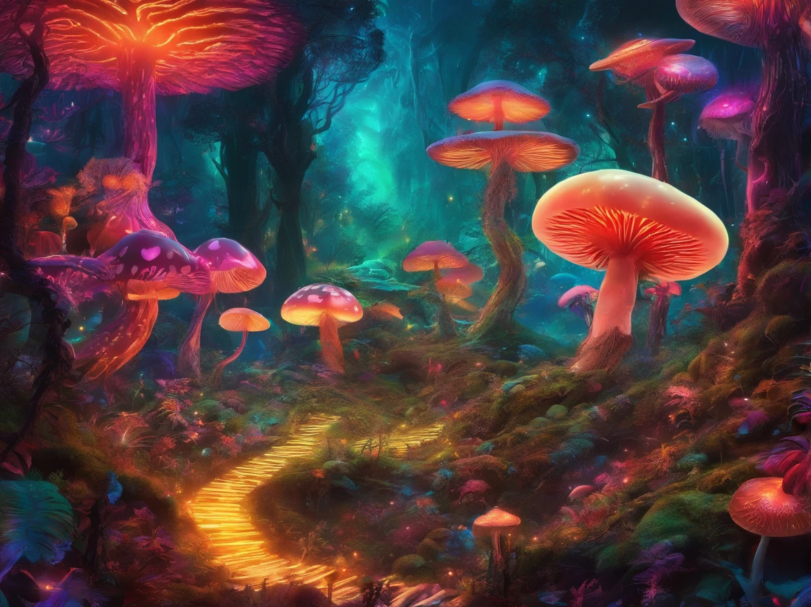 cogumelo trippy，Mushroom forest，Fantastic effects，Rainforest forest，A plant，(Masterpiece, Best quality), Intricate details, 8K, art  stations, Sharp focus,,