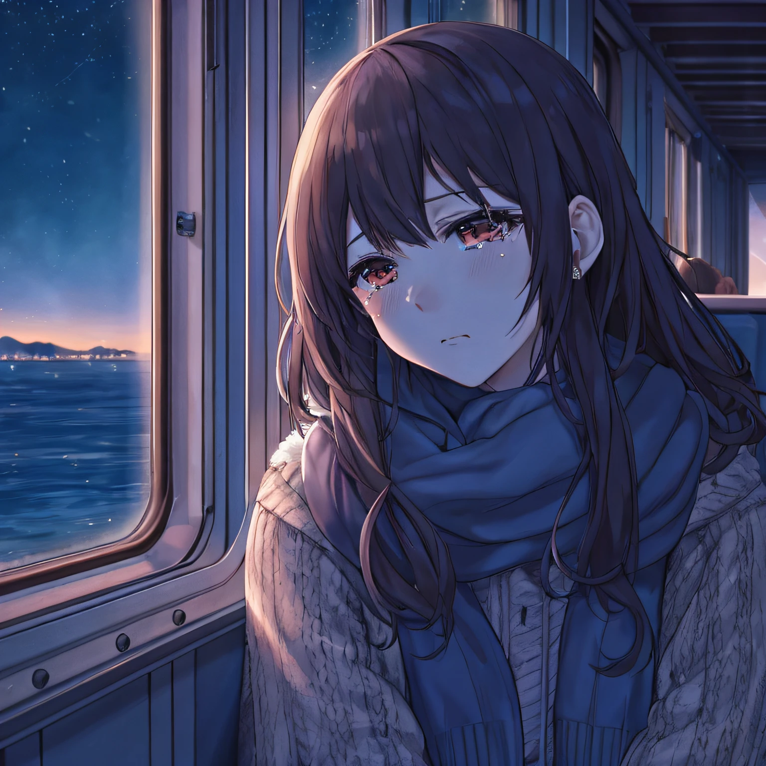 Anime girl looking at the sea from the window of the train, nightcore, anime style 4 k, 4k anime wallpaper, Beautiful anime girl、ung woman、Japan Young Women、Long hair with light curls、Brown coat color、Tears in the eyes、I'm about to start crying.、looking outside the window、Dark sea at night outside the window、sad、Sad atmosphere、wearing a thick gray coat,、With fur collar、Sitting on a train chair、Leaning against the window of the train、Blue and dark indoors、a dark night