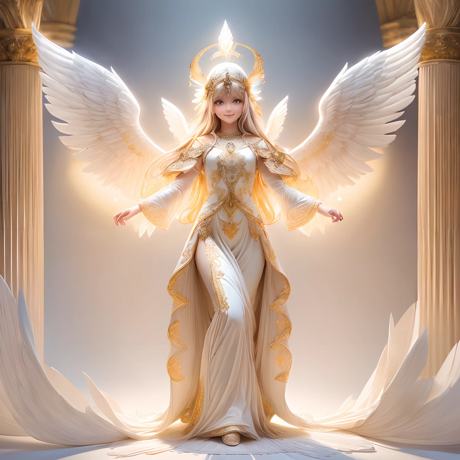 (full-body shot:1.4), White background, (1 angel girl,shining wings, halo, exquisite headdress, smile), (paper art, Quilted paper art, geomerty), (extremely colorful, Best quality, high detailed, Masterpiece, Cinematic Lighting, 4K, Chiaroscuro)