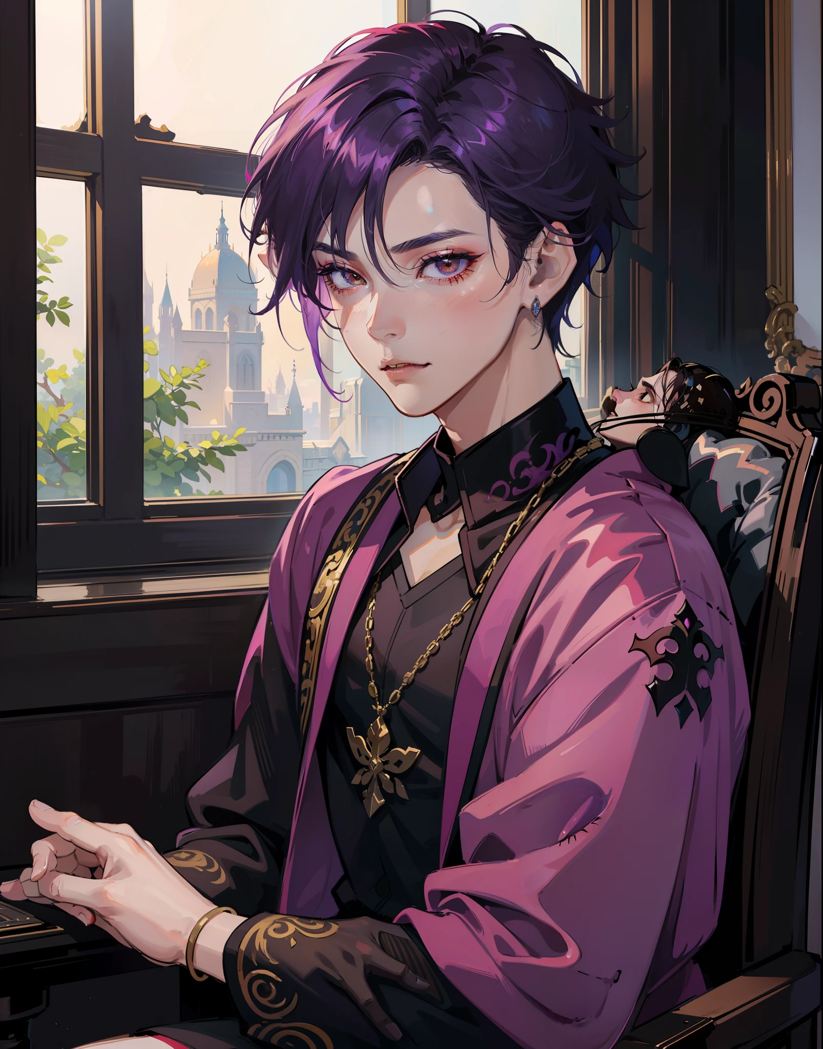 Moonlight from the window, Rest in the mansion, Man with bright purple hair, inspired by Sim Sa-jeong, nixeu and sakimichan, Inspired by Wang Duo, Morgoth, inspired by Bian Shoumin, inspired by Gang Se-hwang, inspired by jeonseok lee, Tumbler, high-level image quality、 beautiful male、tall、𝓡𝓸𝓶𝓪𝓷𝓽𝓲𝓬、Korean Male, k pop, Professional Photos, Vampires, À la Fed Man with Necklace, inspired by Sim Sa-jeong, androgynous vampire, :9 detailed face: 8, extra detailed face, detailed punk hair, ((Brown eyes)) baggy eyes, Seductive. Highly detailed, semi realistic anime, Vampires, hyperrealistic , delicate androgynous prince, imvu, short hair above the ears, Man with short hair, Bangs parted in the center, Glaring expression, Cool pose, Korean fashion with black suit revealing chest plate, Realistic world view