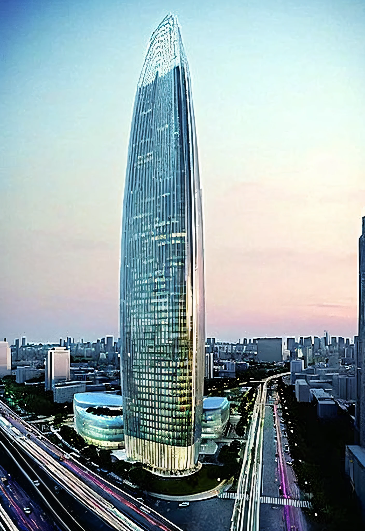 City view with high-rise buildings and highways, super high-rise buildings, author:Chass is silent, with tall glass skyscrapers, towering skyscrapers, Tall building, taller than a skyscraper, norman foster, foster and partners, the building is a skyscraper, inspired by Zha Shibiao, futuristic skyscrapers