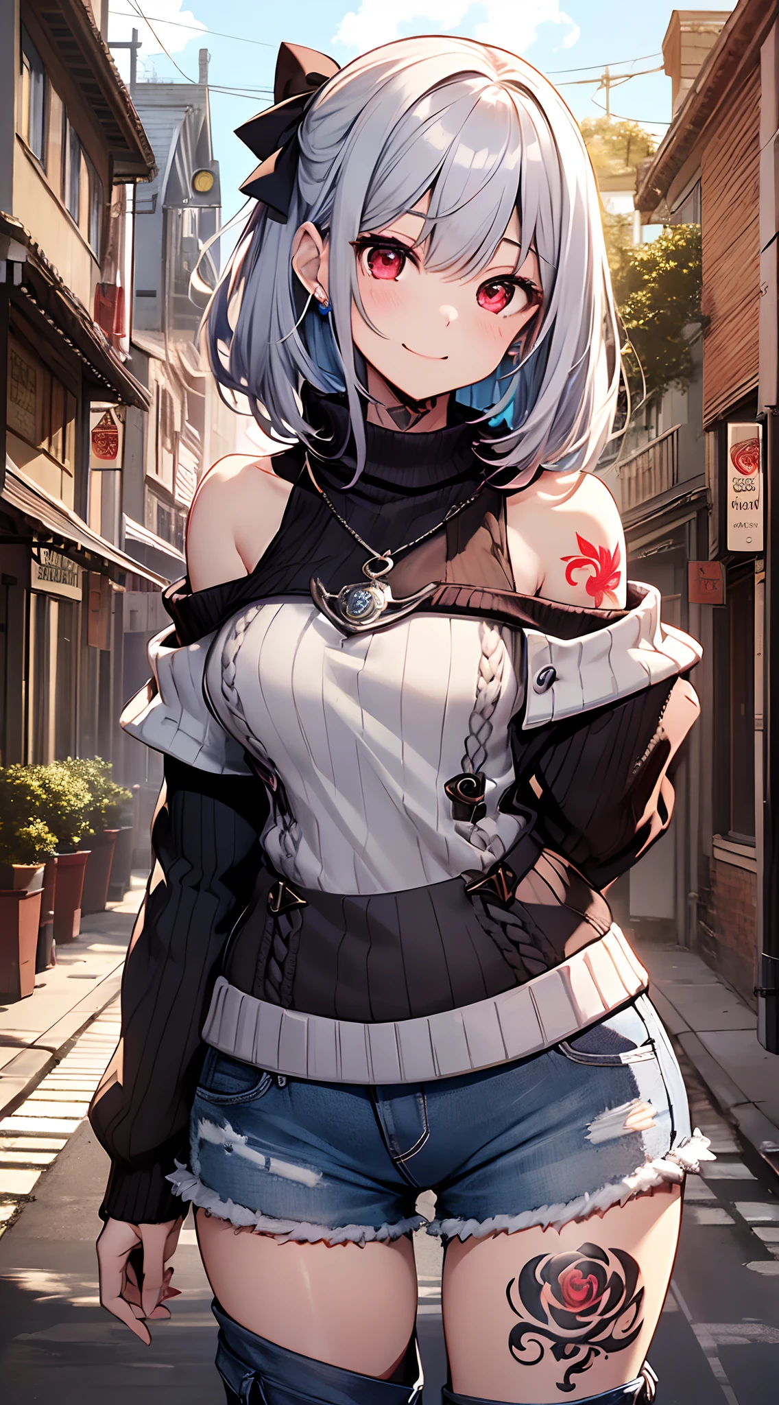 top-quality、Top image quality、in 8K,4K,masterpiece、(NSFW:1.1)、ultra-detailliert、Beautiful、ultra-quality、adult-like、Cool、girl with(((18year old、Bust 78、silber hair、off-shoulder knit、hotpants、a short bob、Red Eyes、erotick:1.4、Happiness、The tattoo)))、hiquality、visualart、Background with((Country town:1.3))、masutepiece