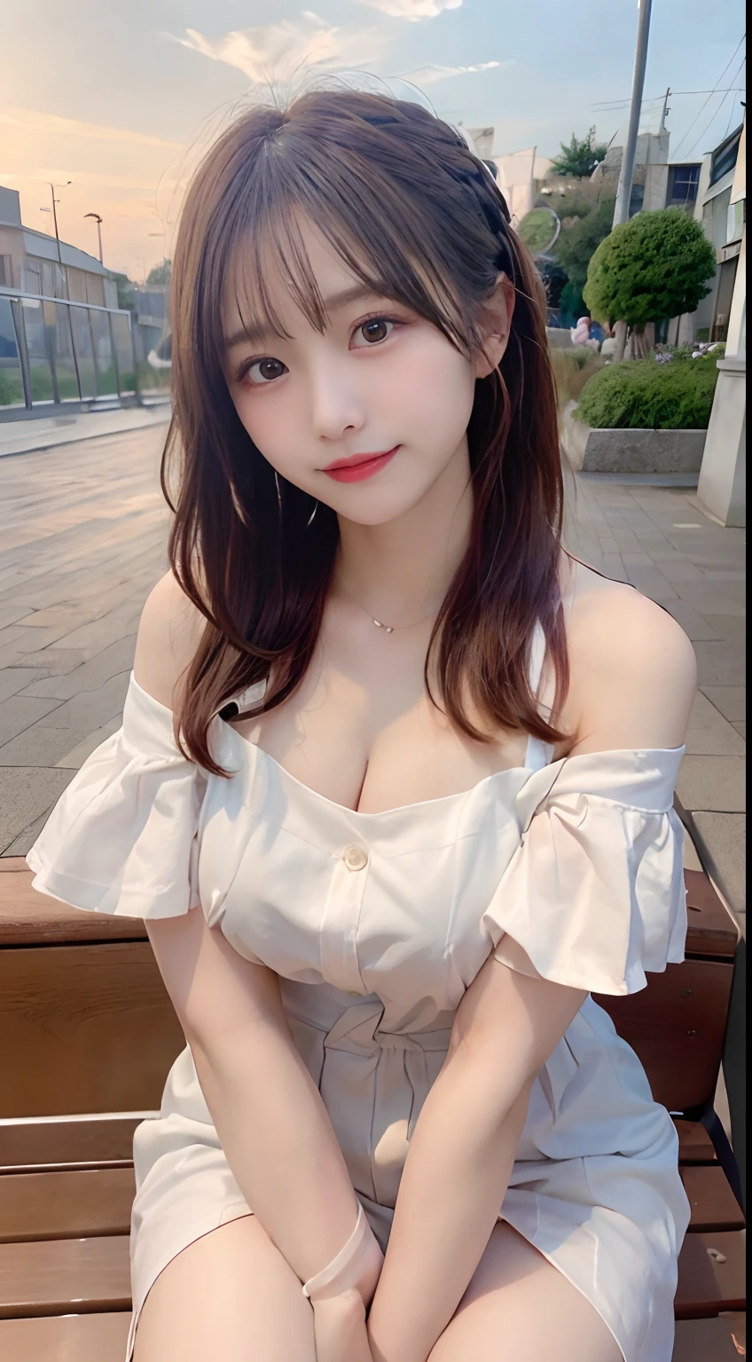 masutepiece, Best Quality,
Ultra-detailed, finely detail, hight resolution, in 8K,
((Photorealsitic:1.4, Raw photography, 超A high resolution,Top image quality: 1.4)),
Wallpaper,
((Perfect whole body configuration1.5)),
Beautiful detailed eyes, Natural Color Lip,
((a serene smile:1.5)),
((Random and cute hairstyles)),
((Off-shoulder white :1.5,Shirt not closed、plaid skirts)),
((Random breast sizes from large to medium、cleavage of the breast:1.2)),
((Open your crotch:1.5,Sit on a bench with your knees upright)),
((breastsout、under look eyes、Mole on the arm:0.9)),
((Background in front of the café at sunset、Ball bokeh、f lare)),
((Smile)),
((((1 female:1.5))))
very detailed and professional lighting、
((Random and cute facial expressions:1.5))、
((thigh visible:1.5))