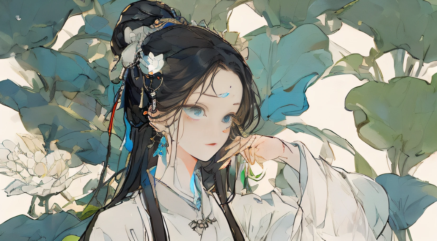 (Masterpiece, super detailed, freehand) An ancient Chinese beauty sitting on a stone, delicate facial features, melancholy temperament, wearing ancient Chinese clothing, flowing blue tulle, light silk, lazy posture, large lotus leaves, lotus flowers, ink painting style, clean colors, decisive cutting, white space, high quality, high resolution, 4K, epic composition.