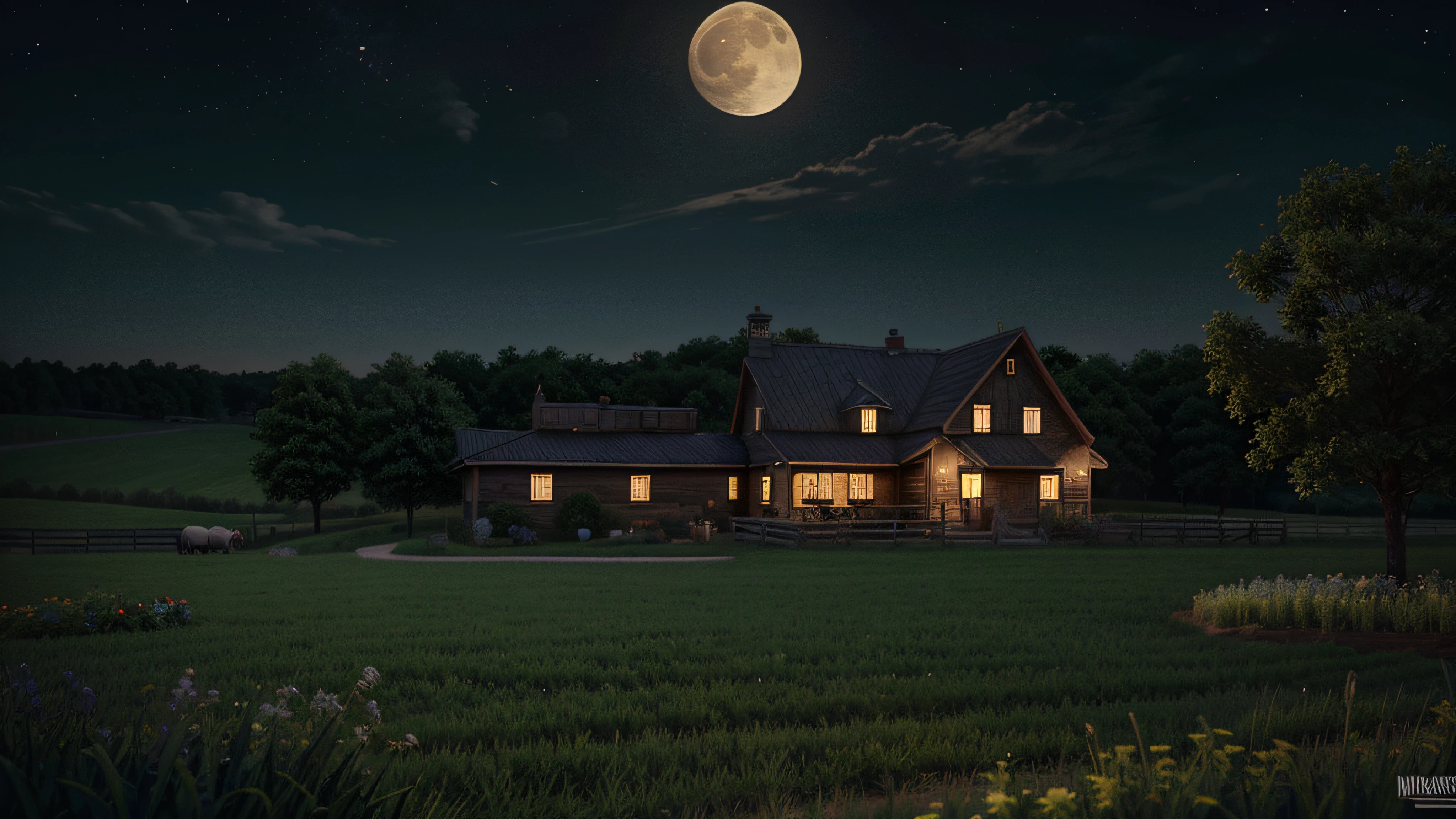 very realistic, best quality, extremely detailed, farm, Night, moon in the sky, perfect details on the farm at night