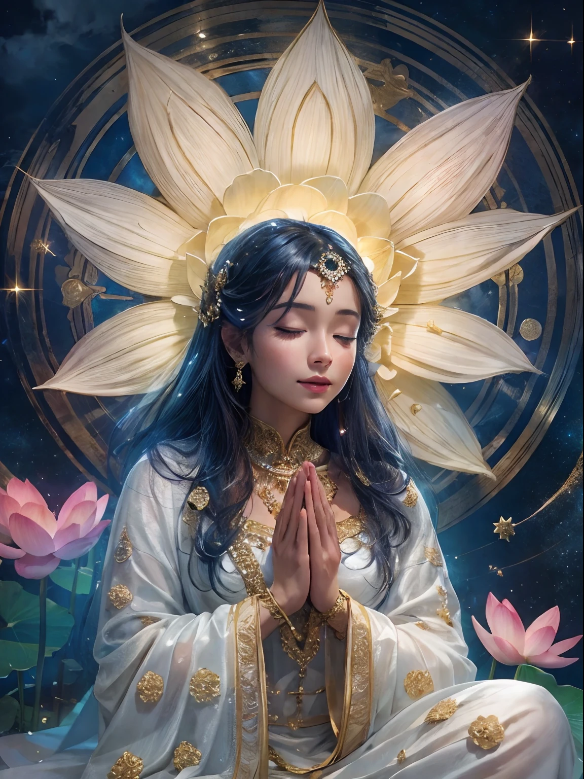 top-quality,tmasterpiece:1.2,Detailed details,Beautiful young goddess gently closed her eyes,gently smiling. She is doing prayer meditation with folded hands. She wore a white dress with stars shining in the blue night sky, You are sitting on a lotus flower,In a fantastic atmosphere,Feel as if you are one with the universe. High Definition, 8K
