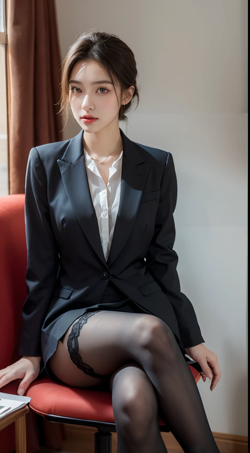 The face is :9,1714884241], Elegant upper-class elite secretary in a business shirt, seat on the chair，working in office、wearing a strict business suit, (Wearing pantyhose)、(Short layer hair)、Crossed legs, Wear high-quality heels、 (thighhighs and skirt), Girl in a shirt, Wearing a suit, Wearing a suit, Wearing a suit, merchant, business outfit, wearing a black suit, Wear a shirt and skirt, Woman in a suit, business outfit, business outfit, Raw foto, (8K、Top  Quality、tmasterpiece:1.2)、(intricated details:1.4)、(Photorealcitic:1.4)、octan render、Complex 3D rendering, Ultra-detail, Studio Soft Light (Studio Soft Light) (Studio Soft Light (Studio Soft Light)), Rim Light, vibrant details, Super detailing, Realistic Skin Textures, Detail Face, Beautiful detail eyes, Highly detailed CG Unity 16k wallpapers, Make-up - Make-up, (detailed background:1.2), Naked with thighs!!!,