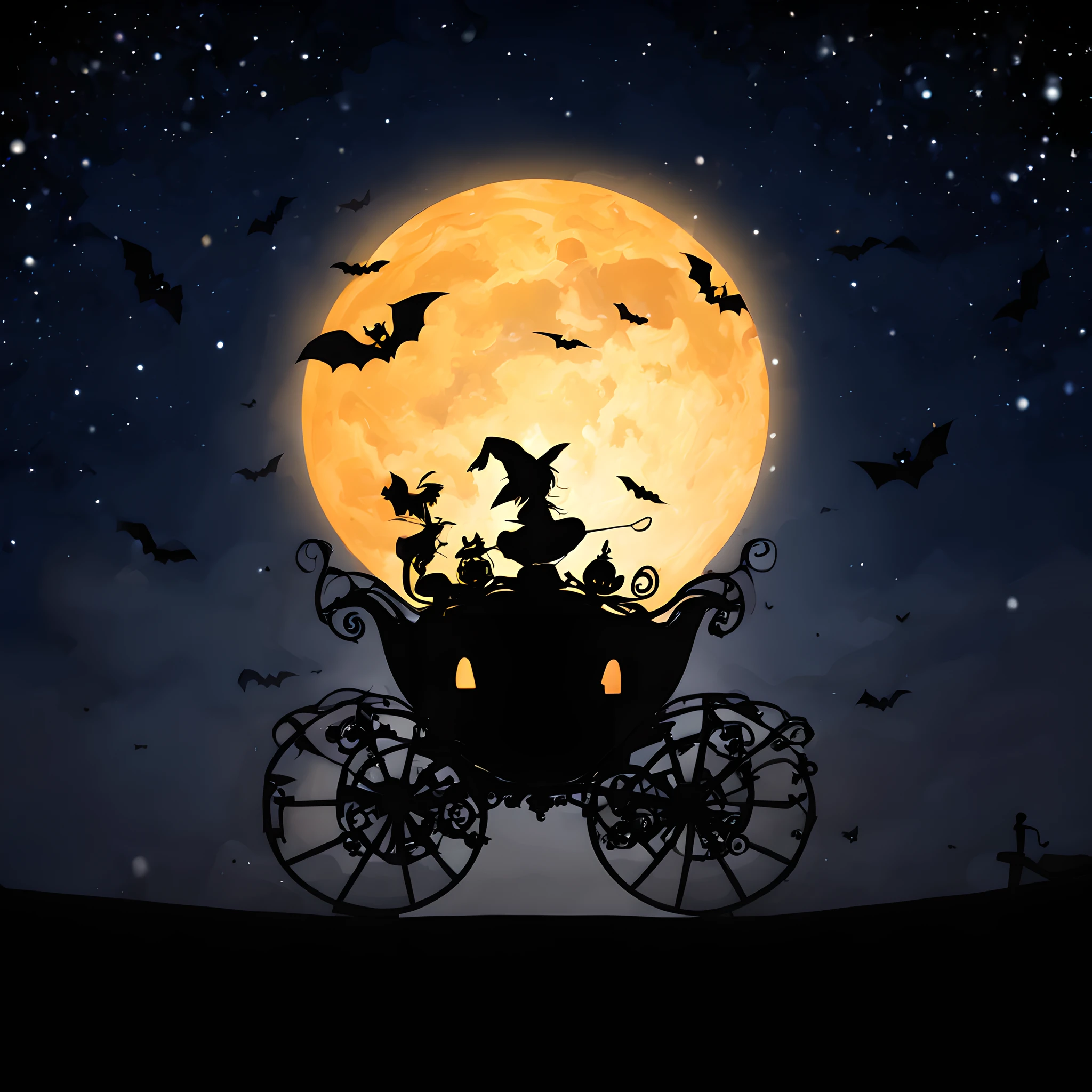 (halloween theme:1.5), (Pumpkin Carriage:1.5), chibi emote, flying starry sky like a movie "ET", under huge full moon, silhuette、