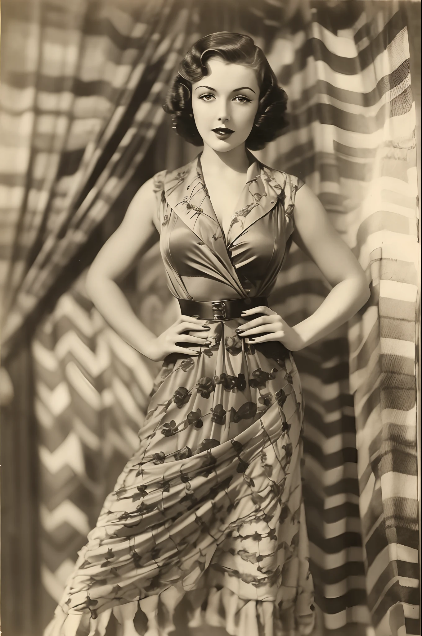 Pin-up-Model aus den 1930er Jahren, Ein altes Foto der stereotypischsten Frau der 1930er Jahre, except that they are very, is very flat-chested
