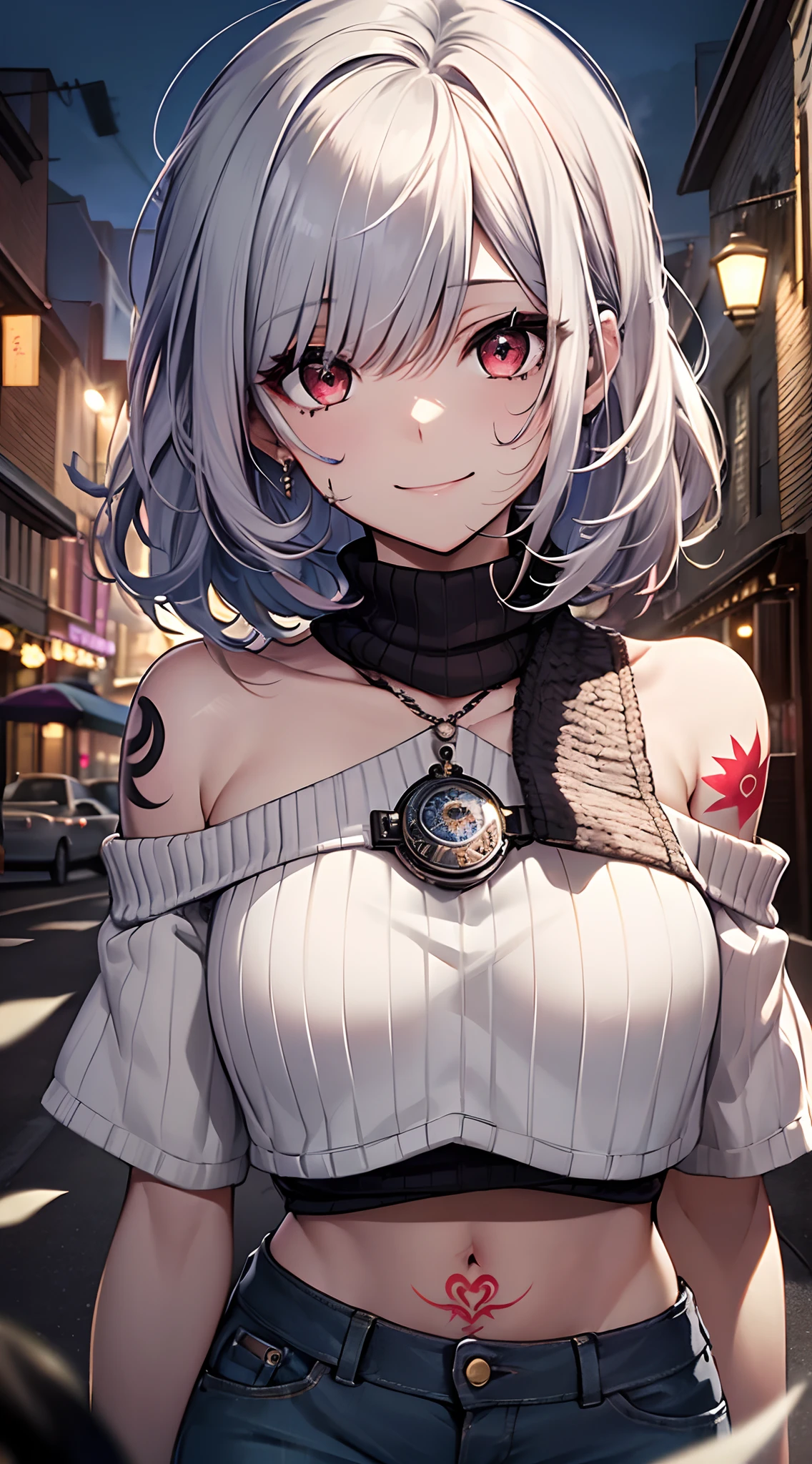 top-quality、Top image quality、in 8K,4K,masterpiece、(NSFW:1.1)、ultra-detailliert、Beautiful、ultra-quality、adult-like、Cool、girl with(((18year old、Bust 78、silber hair、off-shoulder knit、hotpants、a short bob、Red Eyes、erotick:1.4、Happiness、The tattoo)))、hiquality、visualart、Background with((Country town:1.3))、masutepiece