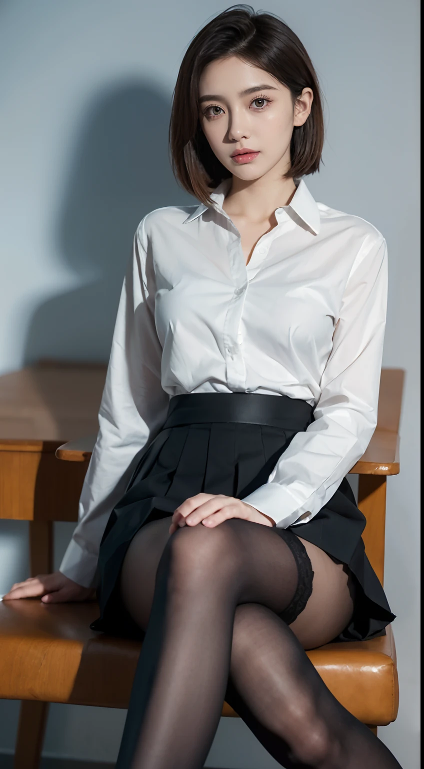 The face is :9,1714884241], Elegant upper-class elite secretary in a business shirt, seat on the chair，working in office、wearing a strict business suit, (Wearing pantyhose)、(Short layer hair)、Crossed legs, Wear high-quality heels、 (thighhighs and skirt), Girl in a shirt, Wearing a suit, Wearing a suit, Wearing a suit, merchant, business outfit, wearing a black suit, Wear a shirt and skirt, Woman in a suit, business outfit, business outfit, Raw foto, (8K、Top  Quality、tmasterpiece:1.2)、(intricated details:1.4)、(Photorealcitic:1.4)、octan render、Complex 3D rendering, Ultra-detail, Studio Soft Light (Studio Soft Light) (Studio Soft Light (Studio Soft Light)) (Studio Soft Light (Studio Soft Light) (Studio Soft Light (Studio Soft Light))), Rim Light, vibrant details, Super detailing, Realistic Skin Textures, Detail Face, Beautiful detail eyes, Highly detailed CG Unity 16k wallpapers, Make-up - Make-up, (detailed background:1.2), Naked with thighs!!!,