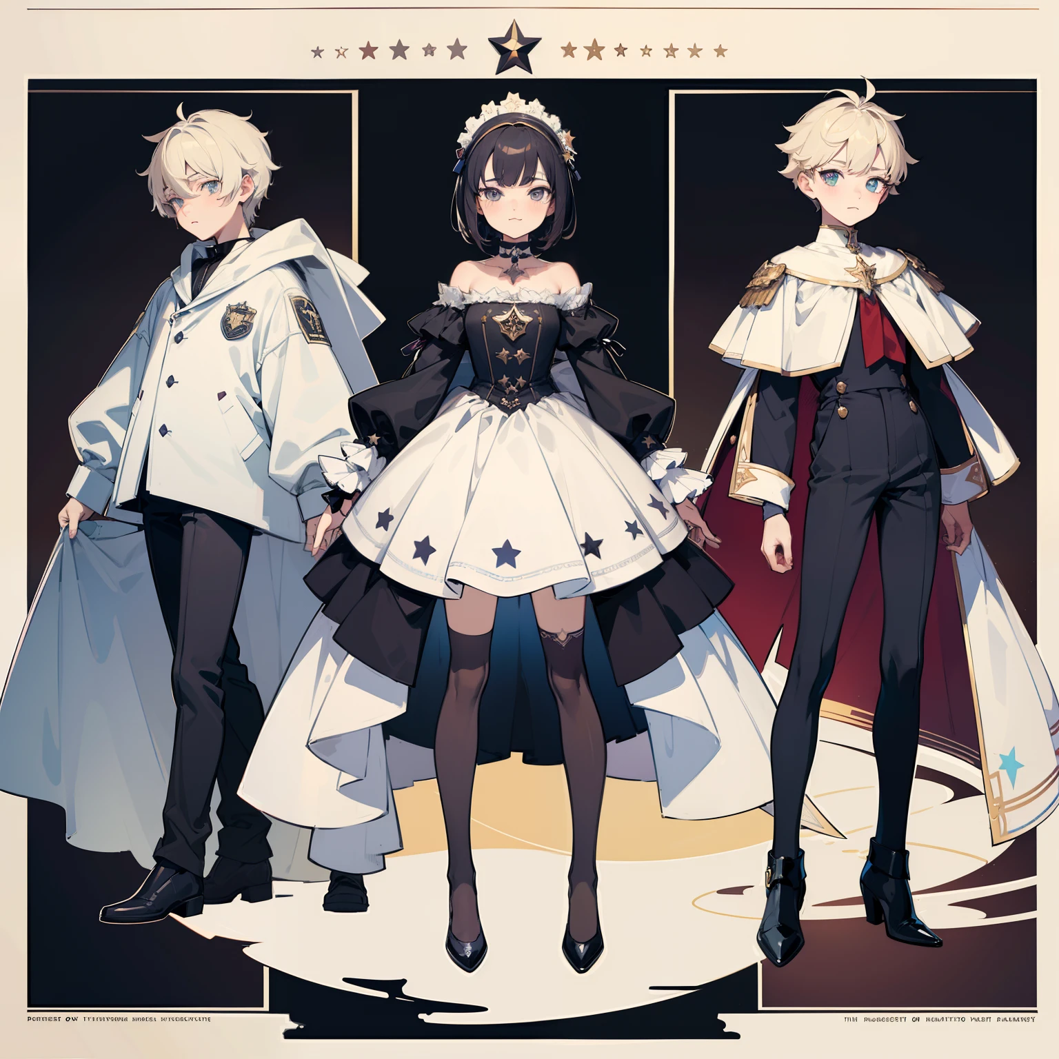 ((Masterpiece, Highest quality)), Detailed face, character sheets, full bodyesbian, Full of details, Multiple poses and expressions, Highly detailed, Depth, Many parts, 1boys , Children all over the body :3,   mitts, Stockings, Black choker, The eye, Star (symbol), pupils in symbol shapes