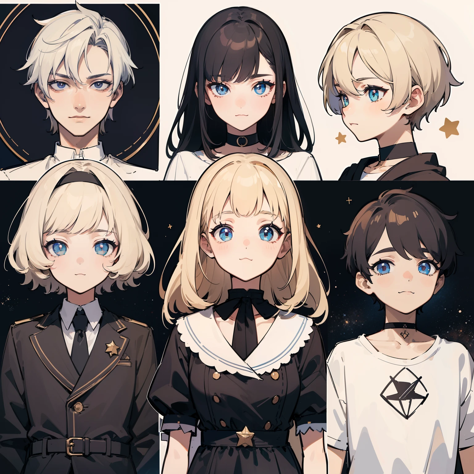 ((Masterpiece, Highest quality)), Detailed face, character sheets, full bodyesbian, Full of details, Multiple poses and expressions, Highly detailed, Depth, Many parts, 1boys , Children all over the body :3,   mitts, Stockings, Black choker, The eye, Star (symbol), pupils in symbol shapes