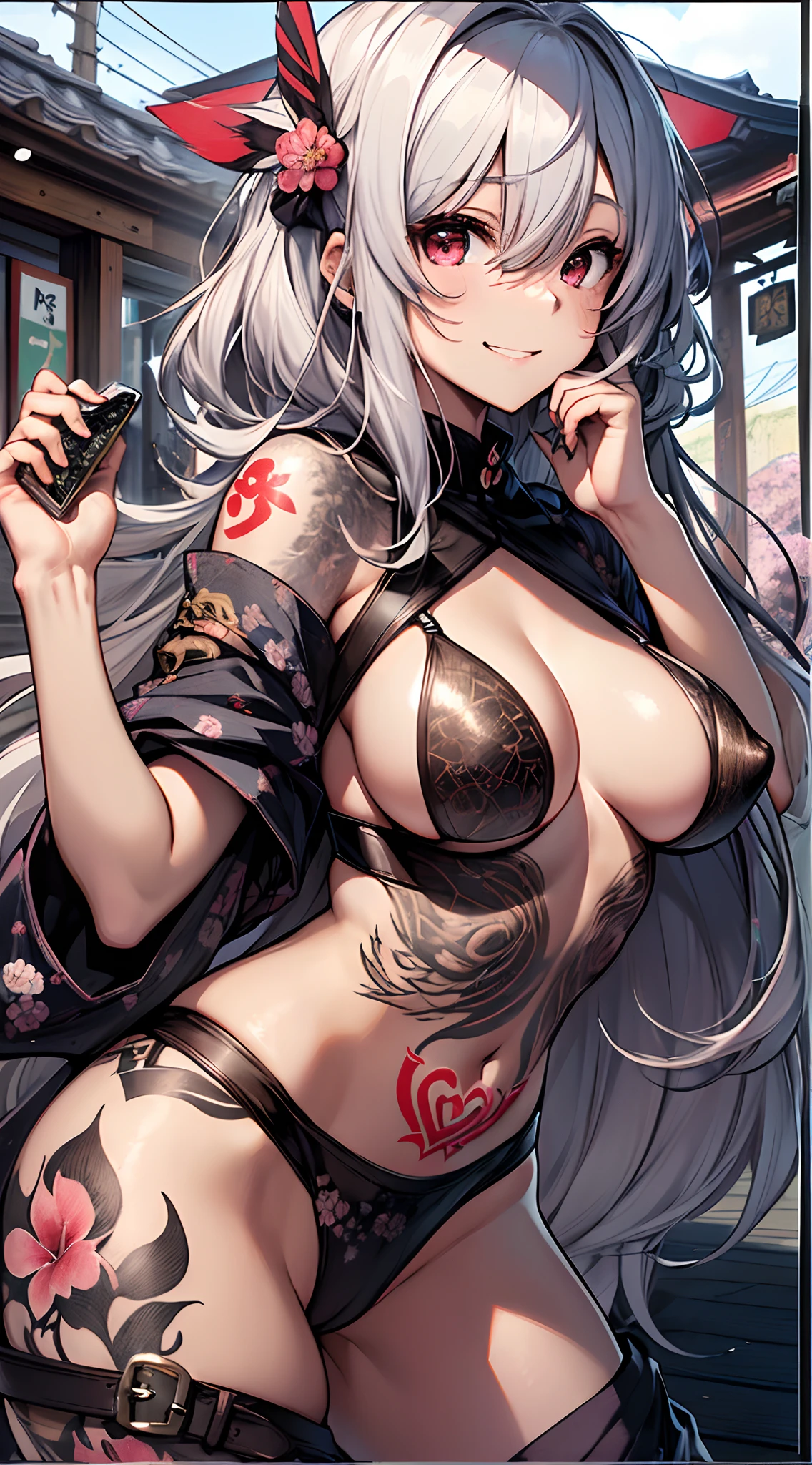 top-quality、Top image quality、in 8K,4K,masterpiece、(NSFW:1.1)、ultra-detailliert、Beautiful、ultra-quality、adult-like、Cool、girl with(((18year old、Bust 78、silber hair、Festival Happi、sarashi、fundoshi、a short bob、Red Eyes、erotick:1.4、Happiness、The tattoo)))、hiquality、visualart、Background with((omatsuri:1.3))、masutepiece