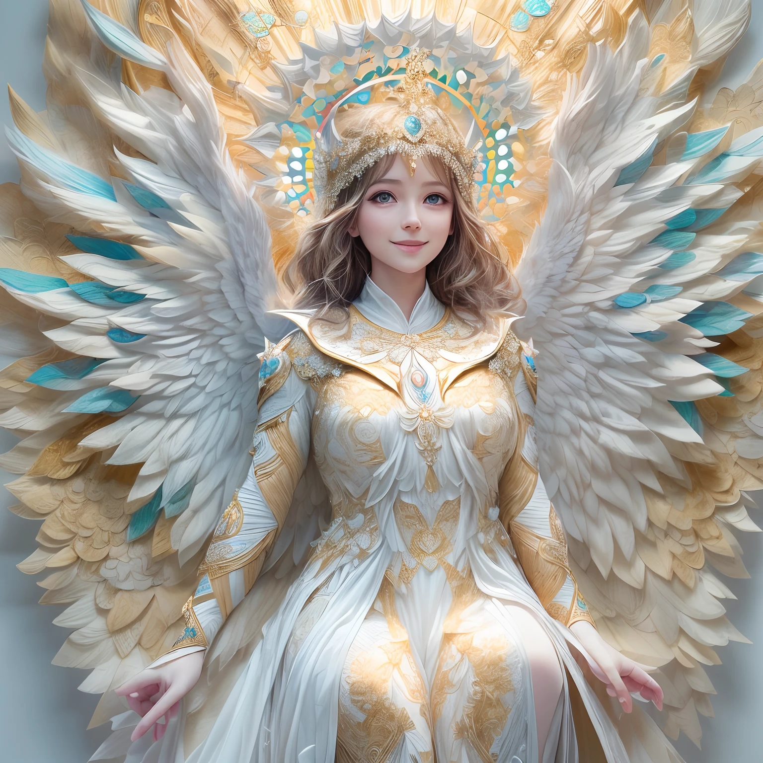 (full-body shot:1.4), White background, (1 angel girl,shining wings, halo, exquisite headdress, smile), (paper art, Quilted paper art, geomerty), (extremely colorful, Best quality, high detailed, Masterpiece, Cinematic Lighting, 4K, Chiaroscuro)