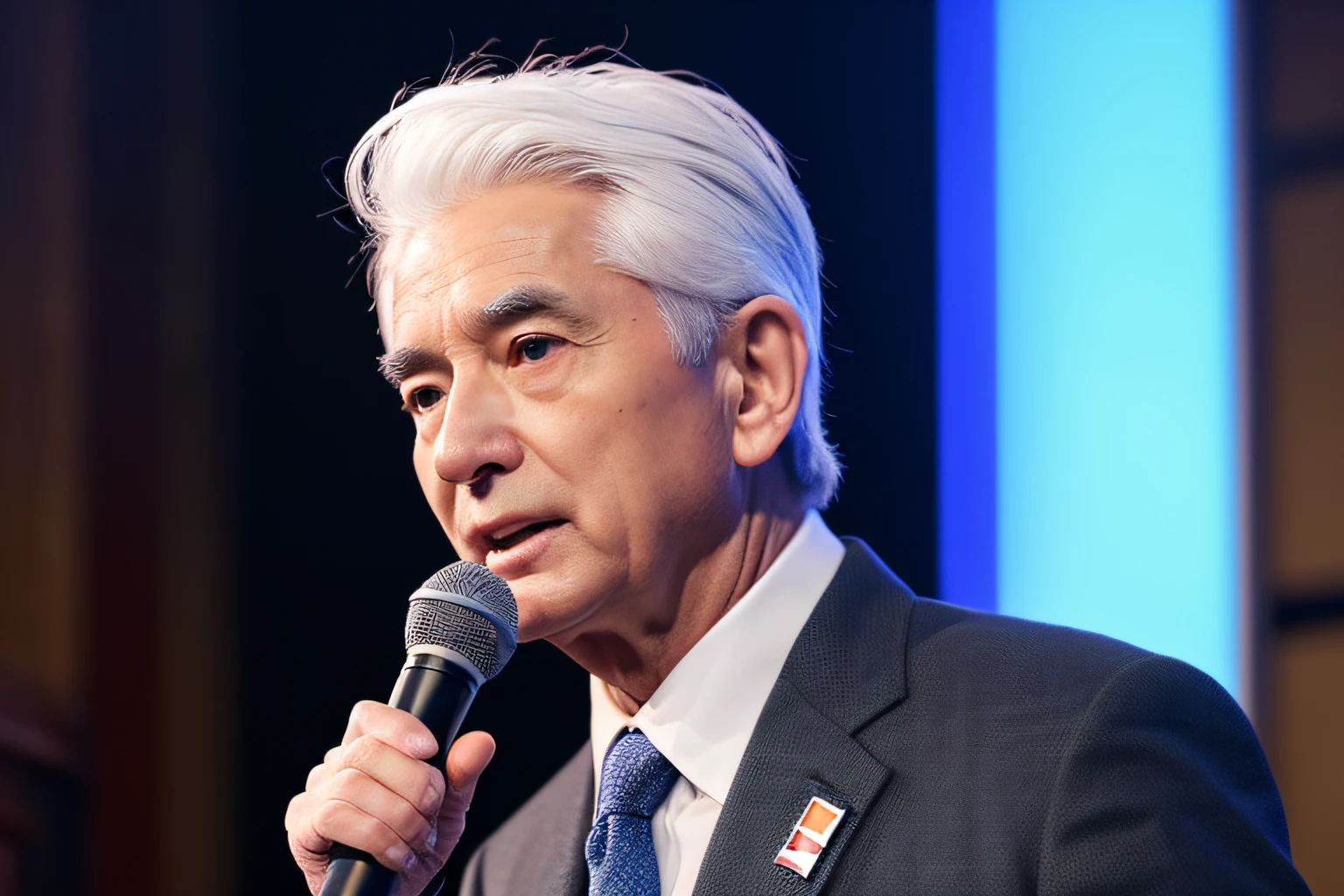 japanes、asian human、Hold the microphone and speak、Show the back of your left hand、Speak with your mouth open、Heat Valve、suit and tie、Man in his 60s、white  hair、Authoritative face、Dr、Body and head straight in the photo、DSRL、Facing the viewer of the photo、The eye fixed on the lens is、Shoulders and head shown in the photo、Man in the center of the photo、8K、top-quality、​masterpiece、Realistic and realistic photos、Movie Photos、A hyper-realistic、1 persons、detaileds、Perfect litthing、 DSRL、professional photograpy、4K