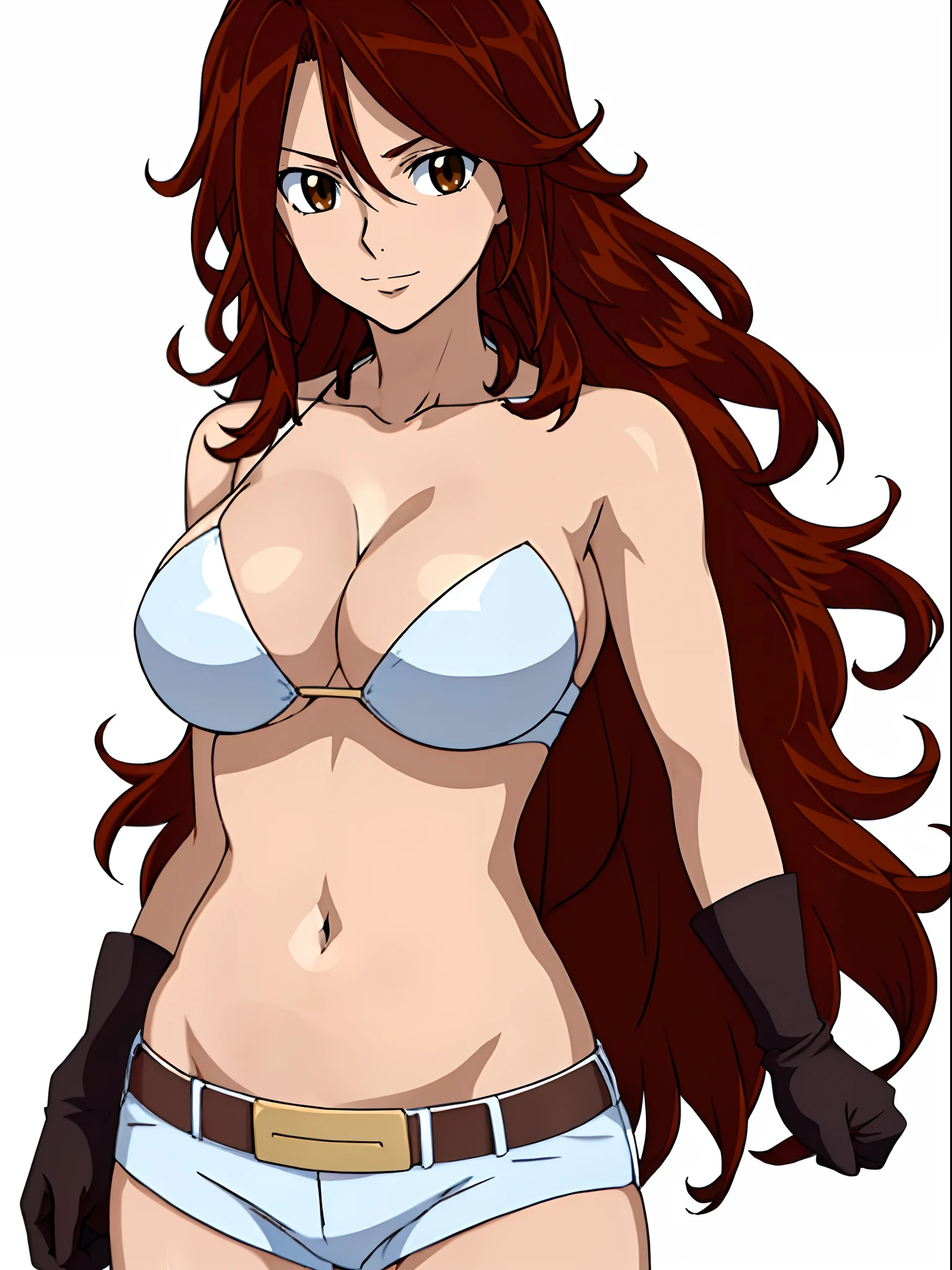 ((solo)), Best Quality, hires, curvy midsection, (tilt head, defined muscles, detailed muscles), smile, happy), upper body only, anime style: 1.8, anime drawing, ultra detailed face, ultra detailed body, 4k, Sumergai Lee Noriega, (standing), best quality, anime style, hires, highest definition, digital blending, bold drawing lines, (((White Background))), ( (defined muscles), long attractive belly, slim body, ((strong arm muscles)), broad shoulders , off-shoulders, closed fists, (strapless bikini, shorts, white gloves, , arm band, (champion belt))), (large breasts, defined cleavage, closed mouth, sexy navel, shiny skin), (big eyes, brown eyes, shiny eyes), (reddish hair, loose hair, curly hair, wavy hair, long hair, floating hair)