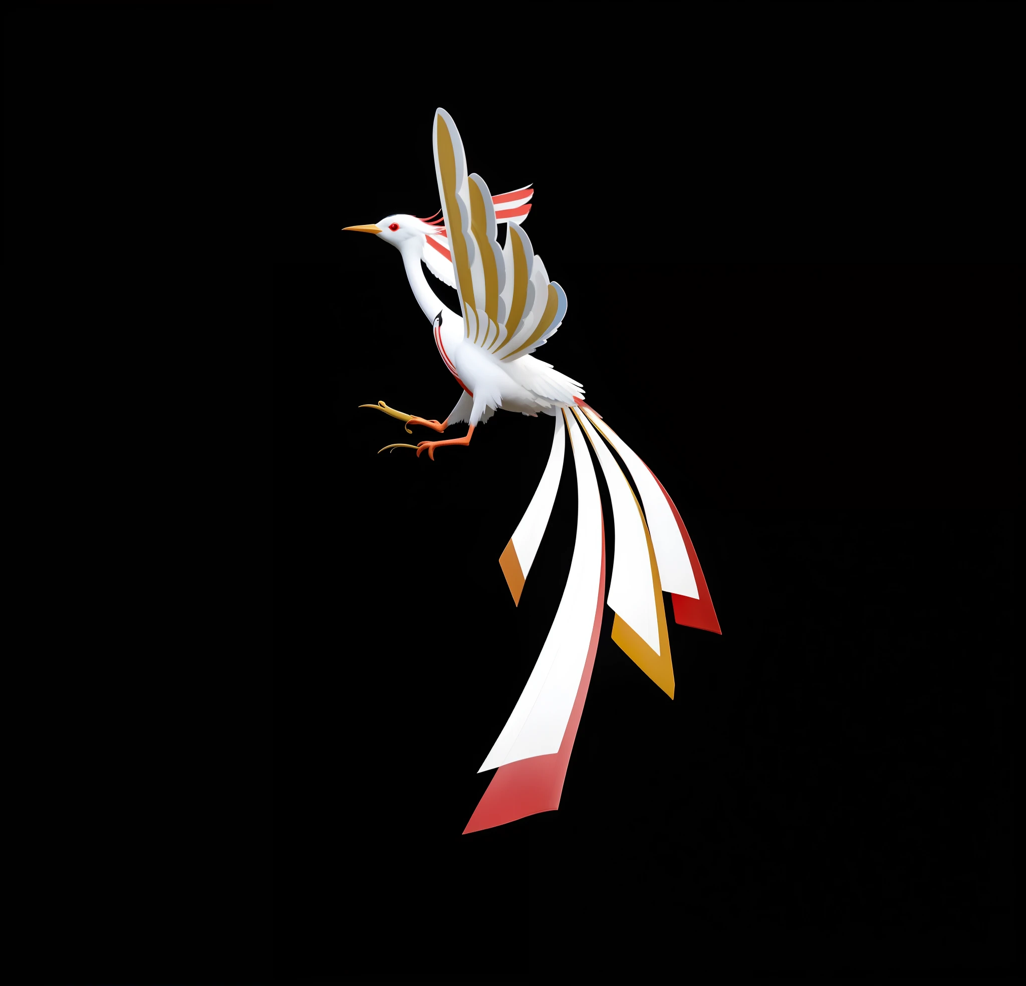 there is a bird that is flying in the air, japanese crane bird in center, takato yomamoto. 4 k, inspired by Sugimura Jihei, a surrealistic bird, colorful bird with a long, surrealistic bird, inspired by Josetsu, style of titmouse animation, 3d model of a japanese mascot