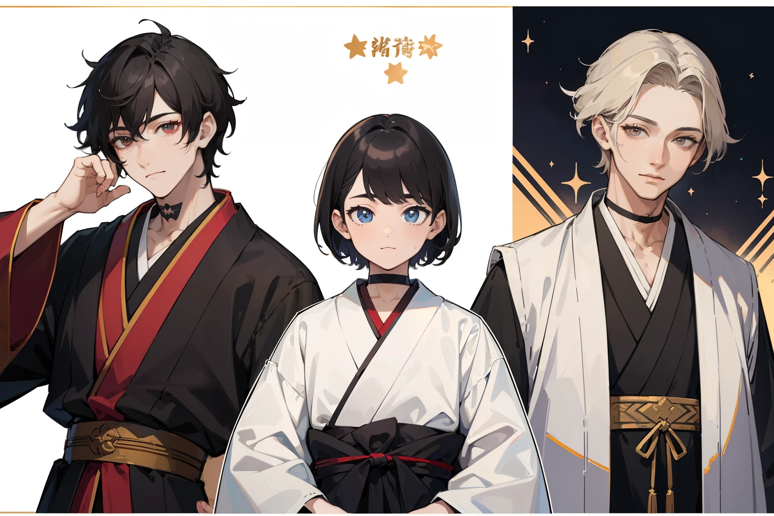((Masterpiece, Highest quality)), Detailed face, character sheets, full bodyesbian, Full of details, Multiple poses and expressions, Highly detailed, Depth, Many parts, 1boys , Children all over the body :3, Hanfu, Black choker, The eye, Star (symbol), pupils in symbol shapes