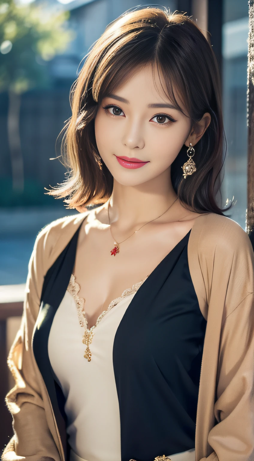(((32K,very high res, high detailing, highly accurate,Masterpiece Girl 1))),Raw photo & realistic atmosphere,beautiful dark blue eyes,Detailed mouth,Glossy lips,Detailed eyebrows,Soft white skin that shines with every detail,,Eyes drawn in detail、Very beautiful eyes with azure eyes,Detailed lips、Very beautiful face,Very well-formed face、Lifelike face,shiny beautiful lips,Beautiful eyebrows,Infinite reality,Best design,（Insanely cute sober and modest Japan 22-year-old girl,,Toned body,thighs thighs thighs thighs,Slender legs,Beautifully shaped breasts,Very cute beautiful girl,Little Girl：1.5）,Best Natural Makeup,Japanese ido,Korean Idols,Young sensual idol,Moist eyes,Dark beautiful eyes,Beautiful butt,beauty legs,,camel's foot,：1.3),超A high resolution、,Natural and realistic face,Back lighting,Pure eyes are too cute,(((photorealisim,Photograph the whole body))),,Reality Live Action,（simple earrings,Necklace Arm,Watches,Glossy nail art,Girlish clothes,Simple adult design image clothes in dark colors,Dress up your jacket elegantly and cutely,Blouse,beautiful skirt,Modest and beautiful fashionable fashion,Heel Shoes,Perm Medium Hair,独奏,Lori Kool,Smile faintly,glares,full body Esbian：1.7）,（Show full-body fashion：1.8）