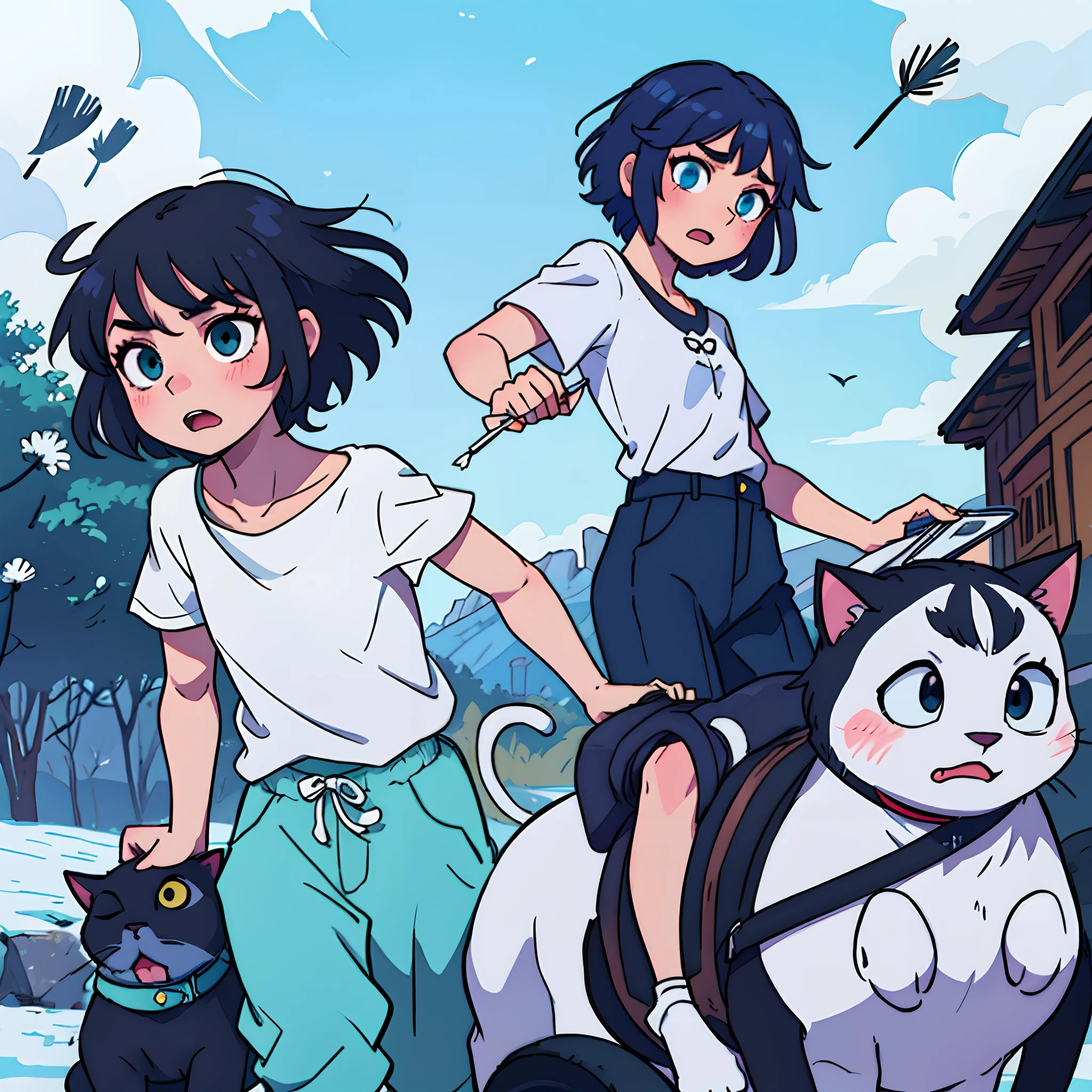 style of anime,Cat-eared ager,adolable,blue short hair,Mood boy,Handheld dandelion,black cloaths,White color blouse --auto