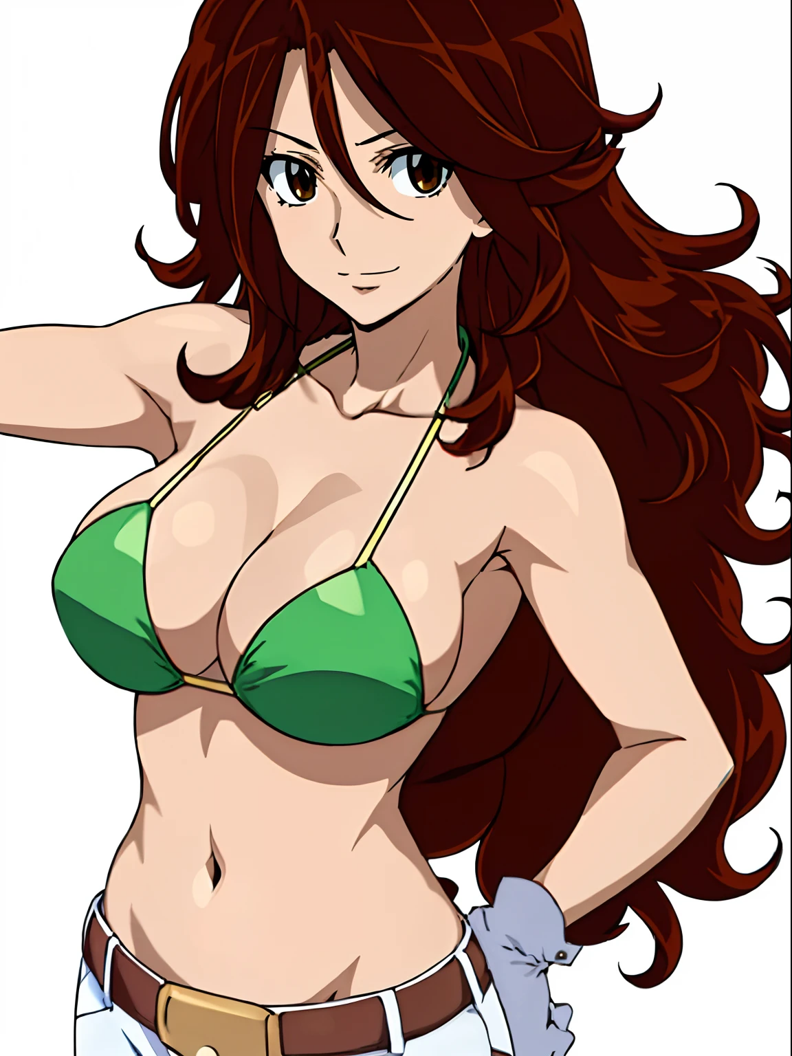 ((solo)), Best Quality, hires, curvy midsection, (tilt head, defined weak muscles, detailed muscles), smile, happy), upper body only, anime style: 1.8, anime drawing, ultra detailed face, ultra detailed body, 4k, Sumergai Lee Noriega, (standing), best quality, anime style, hires, highest definition, digital blending, bold drawing lines, (((White Background))), ( (defined muscles), long attractive belly, slim body, ((strong arm muscles)), broad shoulders , off-shoulders, closed fists, (strapless bikini, shorts, white gloves, , arm band, (champion belt))), (large breasts, defined cleavage, closed mouth, sexy navel, shiny skin), (big eyes, brown eyes, shiny eyes), (reddish hair, loose hair, curly hair, wavy hair, long hair, floating hair)