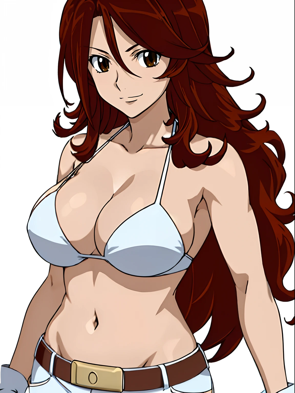 ((solo)), Best Quality, hires, curvy midsection, (tilt head, defined weak muscles, detailed muscles), smile, happy), upper body only, anime style: 1.8, anime drawing, ultra detailed face, ultra detailed body, 4k, Sumergai Lee Noriega, (standing), best quality, anime style, hires, highest definition, digital blending, bold drawing lines, (((White Background))), ( (defined muscles), long attractive belly, slim body, ((strong arm muscles)), broad shoulders , off-shoulders, closed fists, (strapless bikini, shorts, white gloves, , arm band, (champion belt))), (large breasts, defined cleavage, closed mouth, sexy navel, shiny skin), (big eyes, brown eyes, shiny eyes), (reddish hair, loose hair, curly hair, wavy hair, long hair, floating hair)