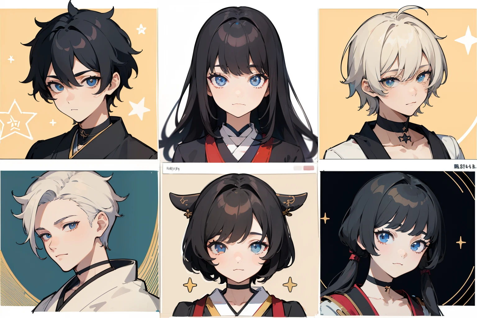 ((Masterpiece, Highest quality)), Detailed face, character sheets, full bodyesbian, Full of details, Multiple poses and expressions, Highly detailed, Depth, Many parts, 1boys , Children all over the body :3, Hanfu, Black choker, The eye, Star (symbol), pupils in symbol shapes