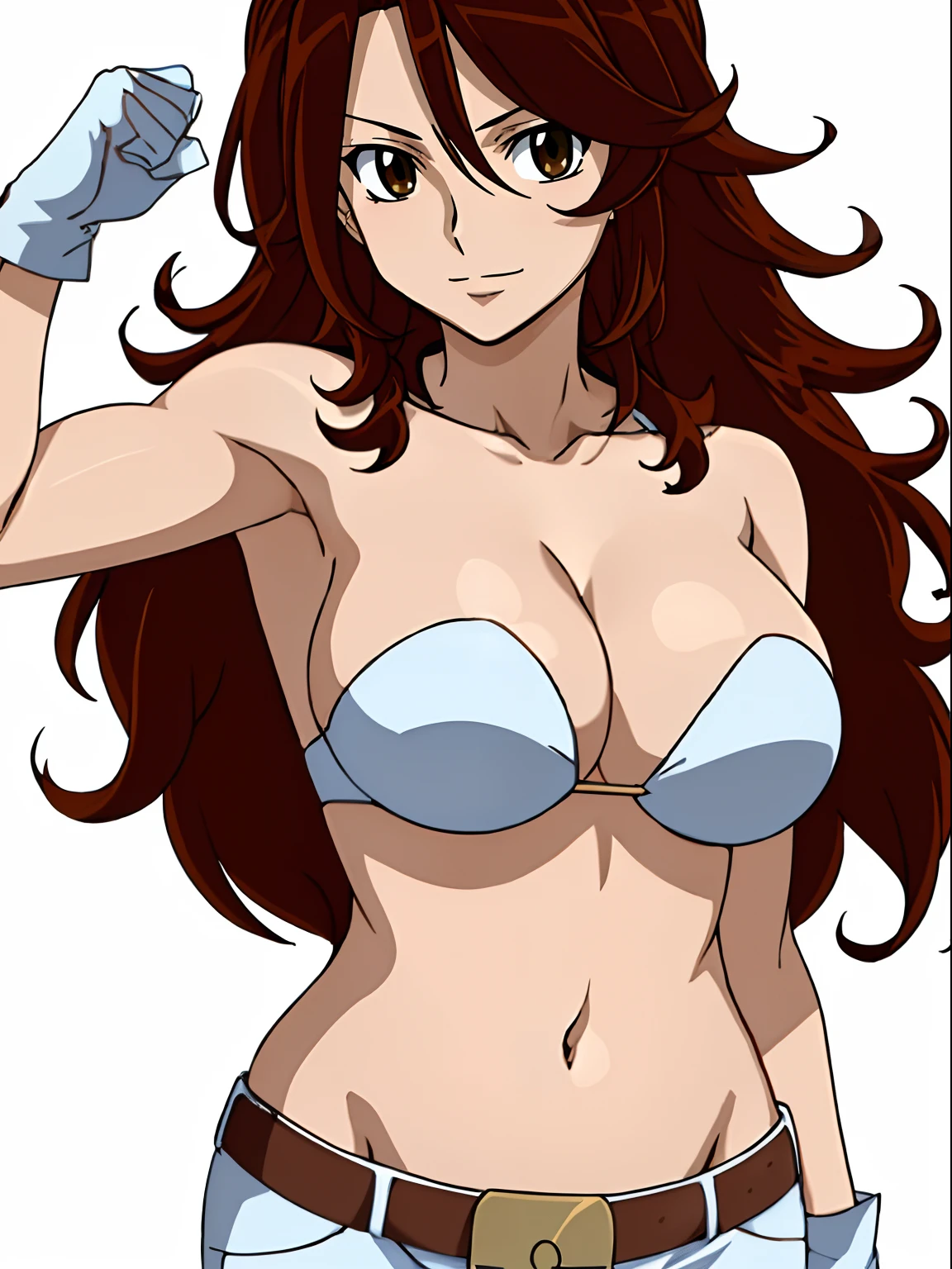 ((solo)), Best Quality, hires, curvy midsection, (tilt head, defined weak muscles, detailed muscles), smile, happy), upper body only, anime style: 1.8, anime drawing, ultra detailed face, ultra detailed body, 4k, Sumergai Lee Noriega, (standing), best quality, anime style, hires, highest definition, digital blending, bold drawing lines, (((White Background))), ( (defined muscles), long attractive belly, slim body, ((strong arm muscles)), broad shoulders , off-shoulders, closed fists, (strapless bikini, shorts, white gloves, , arm band, (champion belt))), (large breasts, defined cleavage, closed mouth, sexy navel, shiny skin), (big eyes, brown eyes, shiny eyes), (reddish hair, loose hair, curly hair, wavy hair, long hair, floating hair)