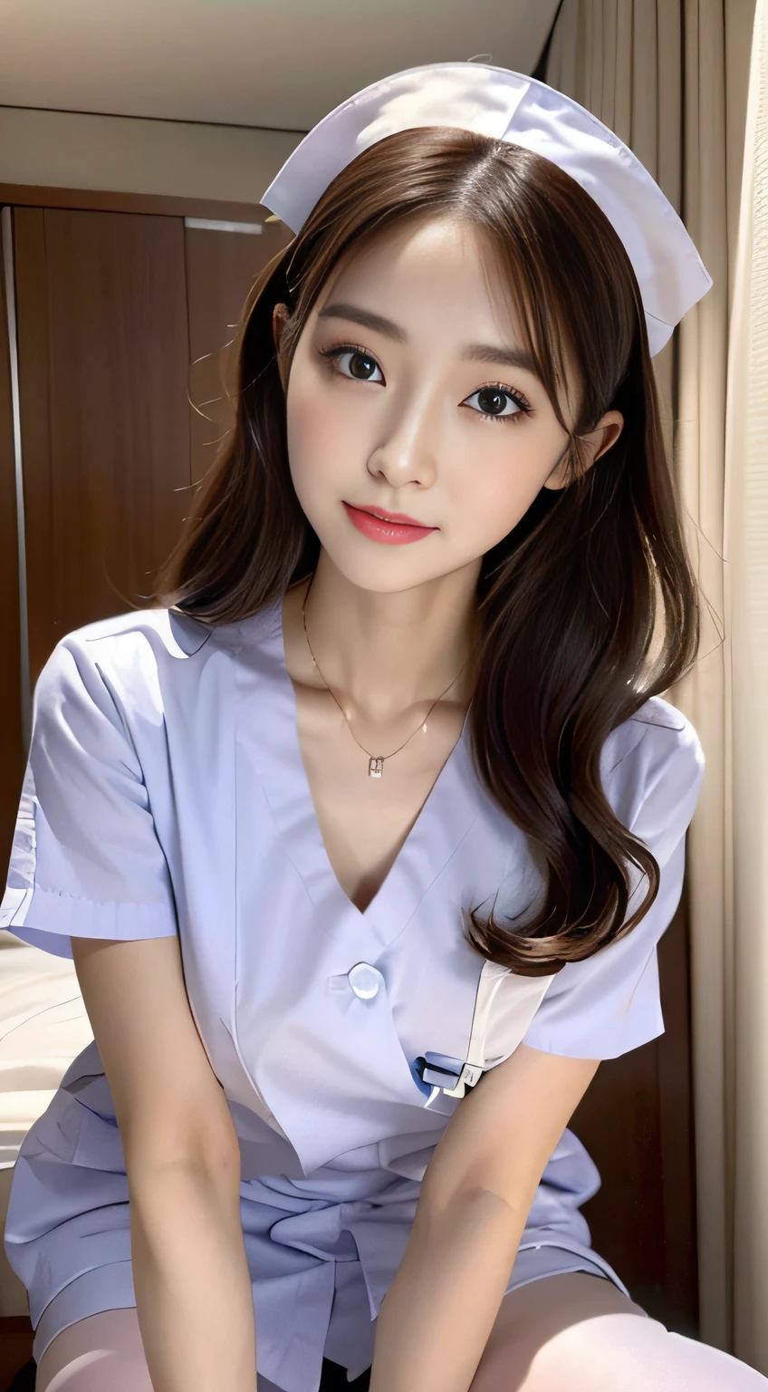 （Very high resolution at 32K, high detailing, highly accurate, masutepiece,a beauty girl１a person,Lori：1.4）,Photography & realistic atmosphere,shinny skin,Beautiful skin,fine-grained white skin,Detailed face,Detailed eyes、Very beautiful eyes with azure eyes,Detailed lips、Very beautiful face,Very well-formed face、Lifelike face,shiny beautiful lips,Beautiful eyebrows,Best Natural Makeup,Japan idle,韓国アイドル,Very beautiful nurse woman,Very beautiful girl,(well-shaped breasts、Thighs exposed from nurse's uniform,a necklace：1.5）,（Sitting backwards、Wearing a white nurse's uniform,************ Very cute Japan nurse Beautiful girl,Crawling on all fours in a hospital bed：1.6）,（Sexy Nurse Booth：1.5）,（Beautiful shortcuts in brown color,Eyes are moisturized,Gentle smile：1.3),Beautiful immature body, Innocence,((photorealisim,camera)),Reality Live Action,Glossy nail art,(beauty legs,camel's foot,Backshots,Turned,超A high resolution,Natural and realistic face,and soft natural lighting,Back lighting,Pure eyes are too cute：1.4）