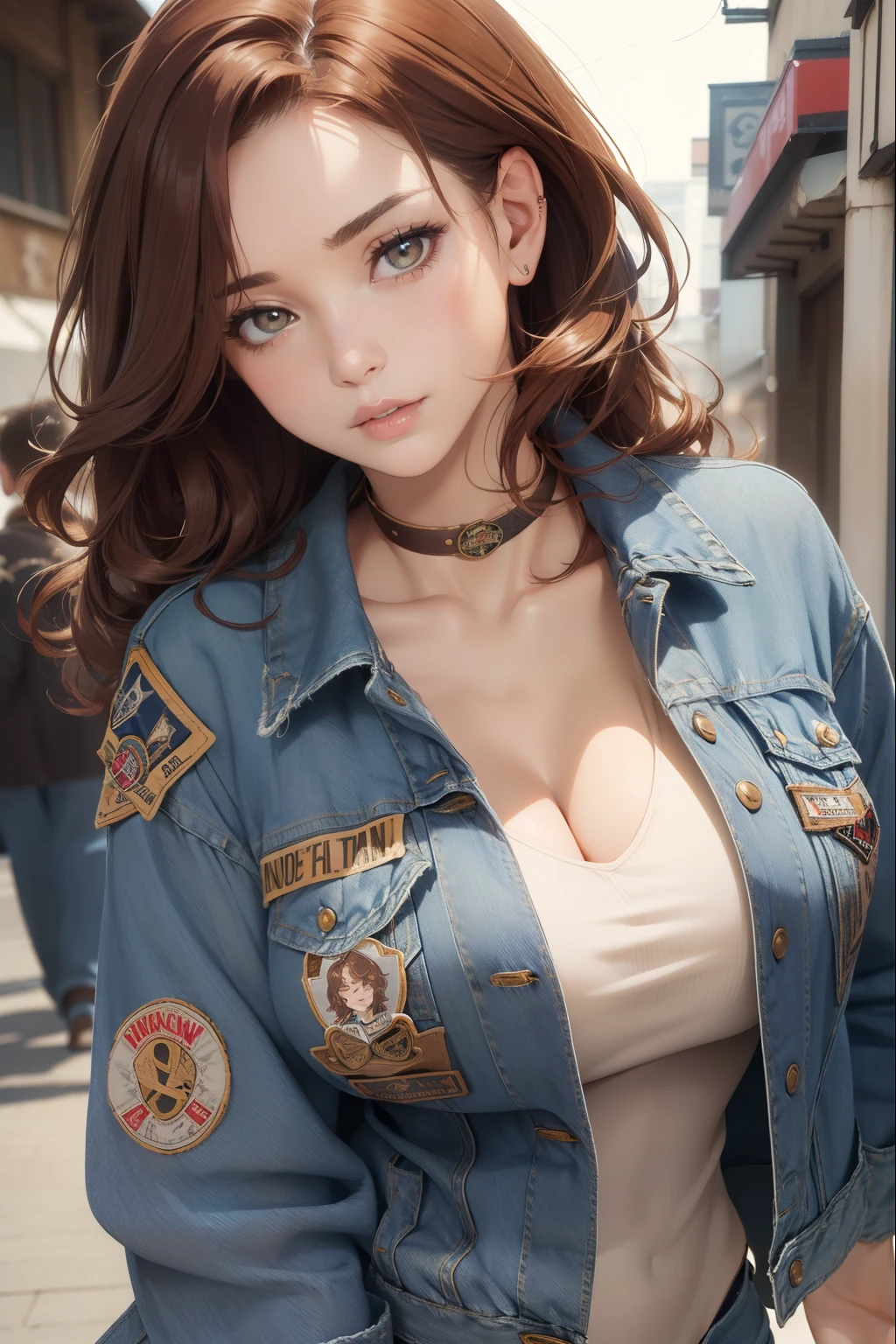 ((masterpiece, best quality, ultra-detailed, ultra HD, photorealistic, cinematic)), ((medium close-up camera shot:1.3)), ((focus on her face and chest:1.5)), ((sensual pose)), ((alluring female model)), ((perfect anatomy)), ((large cleavage)), ((proportioned hands, perfect hands)), ((mid-length, curly, auburn hair with a natural and earthy appearance, detailed strings of hair, shiny hair:1.2)), ((wearing a casual, oversized denim jacket with vintage band patches))
