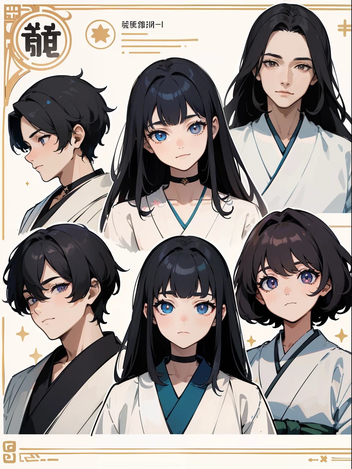 ((Masterpiece, Highest quality)), Detailed face, character sheets, full bodyesbian, Full of details, Multiple poses and expressions, Highly detailed, Depth, Many parts, 1boys , Children all over the body :3, Hanfu, Black choker, The eye, Star (symbol), pupils in symbol shapes