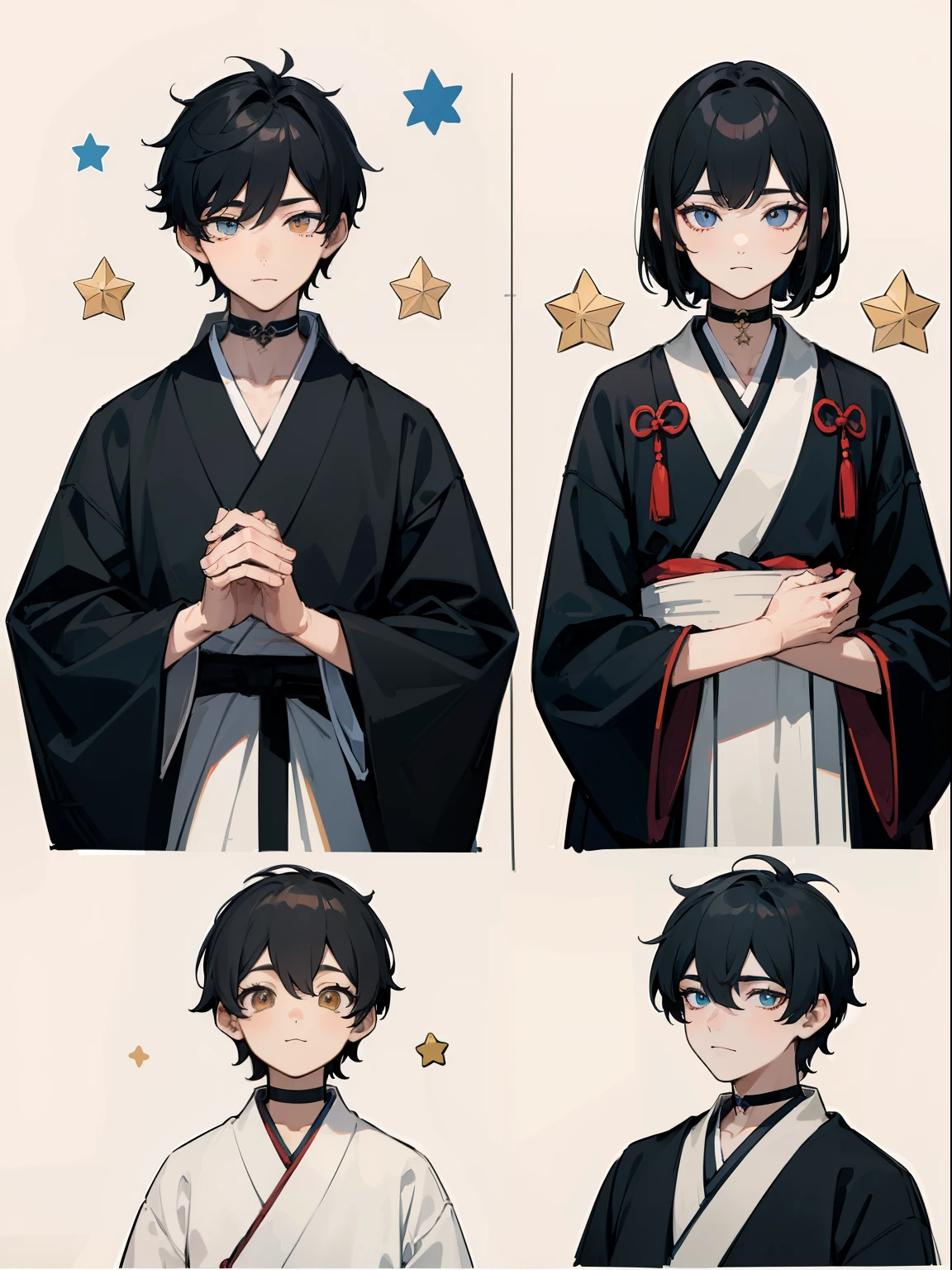 ((Masterpiece, Highest quality)), Detailed face, character sheets, full bodyesbian, Full of details, Multiple poses and expressions, Highly detailed, Depth, Many parts, 1boys , Children all over the body :3, Hanfu, Black choker, The eye, Star (symbol), pupils in symbol shapes