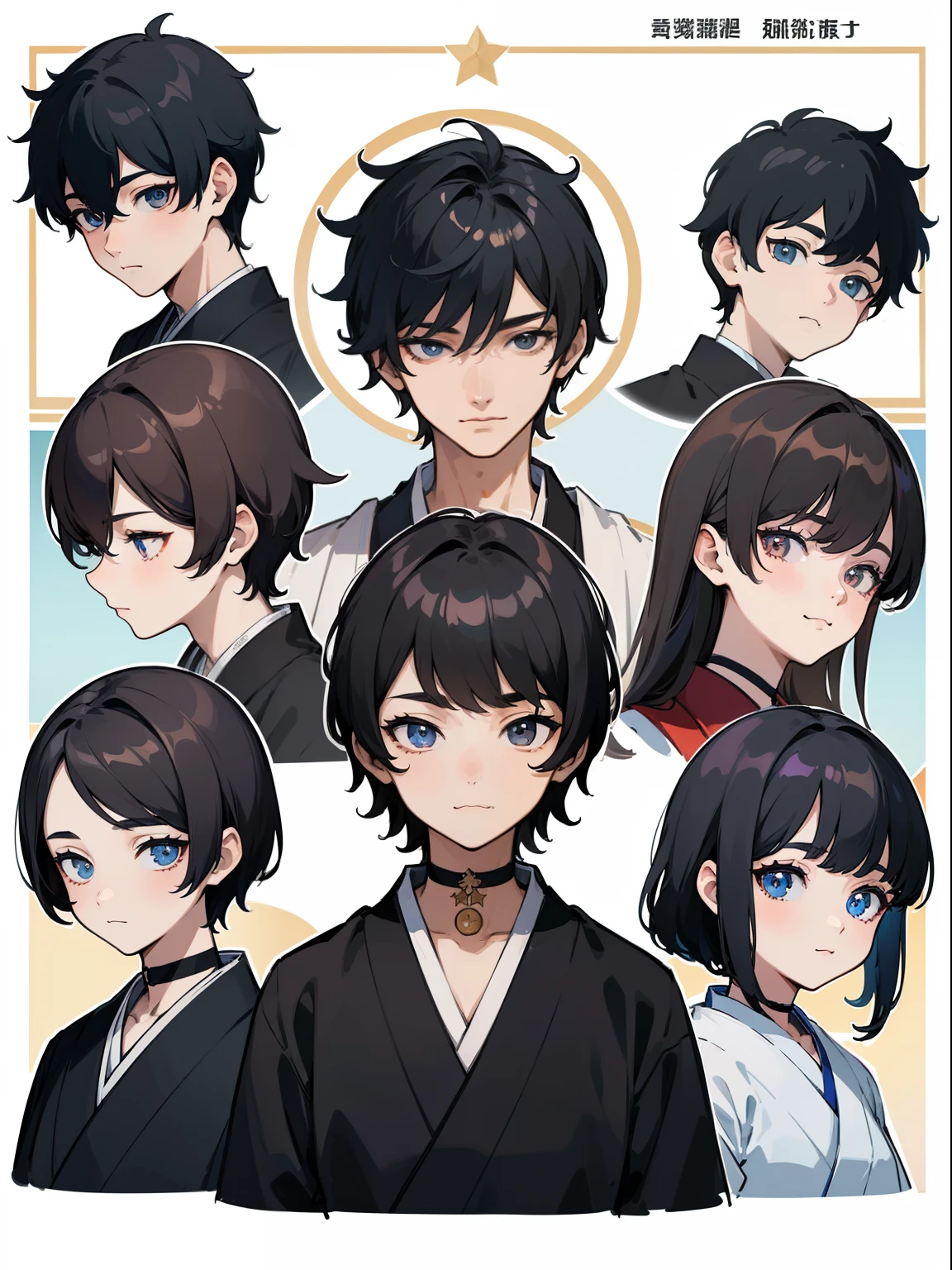 ((Masterpiece, Highest quality)), Detailed face, character sheets, full bodyesbian, Full of details, Multiple poses and expressions, Highly detailed, Depth, Many parts, 1boys , Children all over the body :3,   Hanfu, Black choker, The eye, Star (symbol), pupils in symbol shapes
