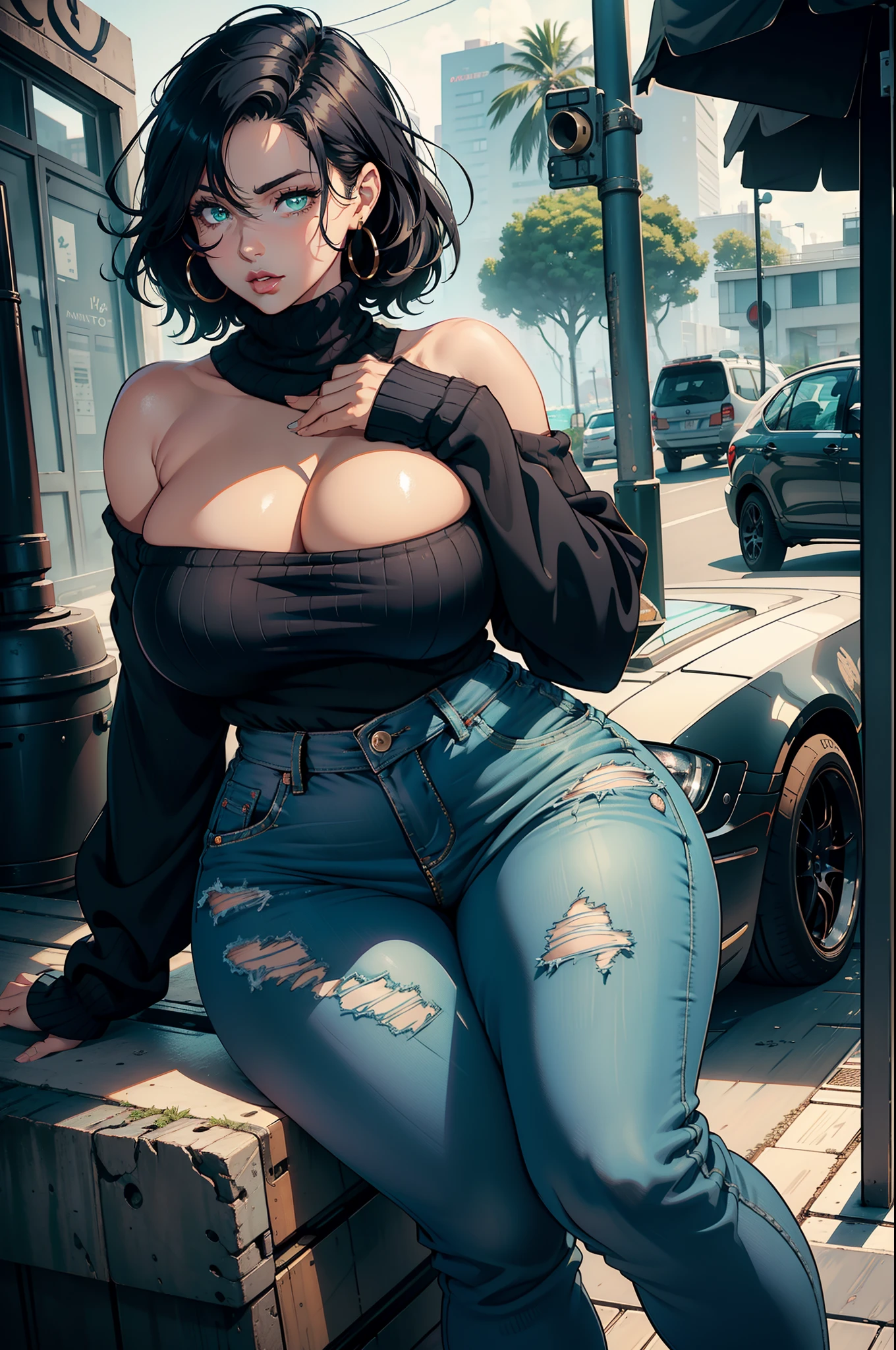 Best quality, solo mature woman, giant breasts, giant ass, very curvy, messy jet black hair, sea green eyes, full lips, seductive, half lidded eyes, oversized off the shoulder sweater, baggy jeans, thick thighs, curvy physique