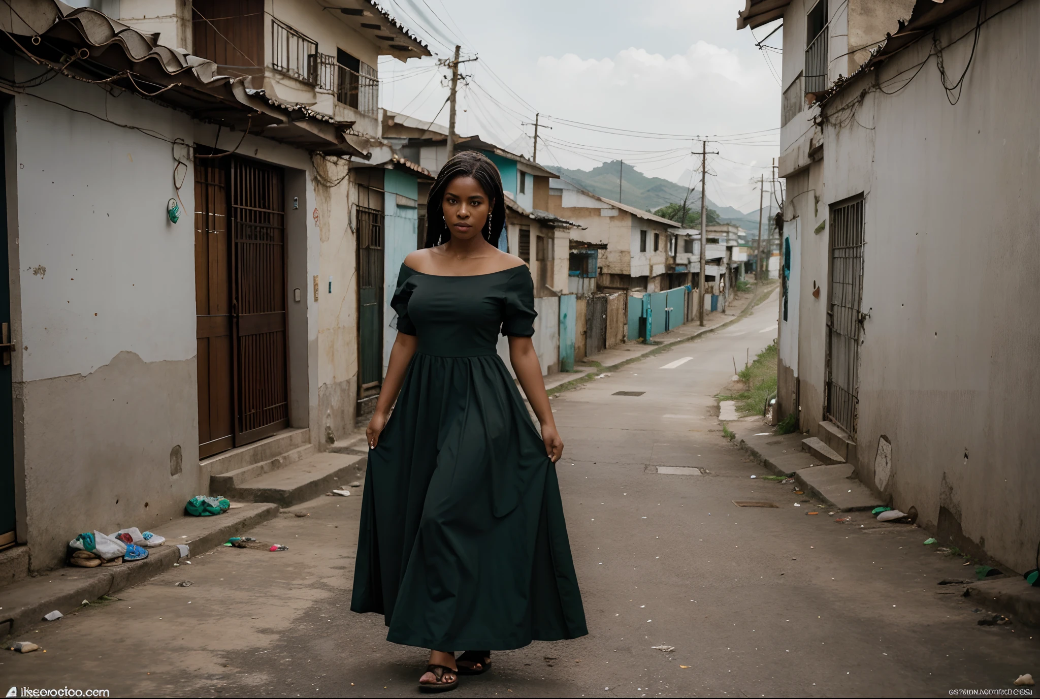 Garota negra de vestido branco andando na favela, imagem ultra realista