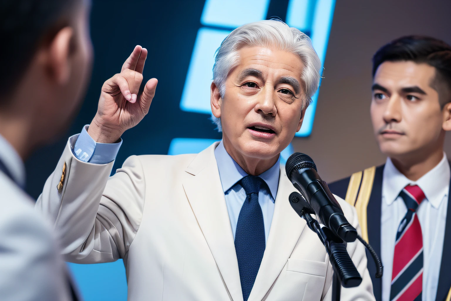 japanes、asian human、Hold the microphone and speak、Show the back of your left hand、Speak with your mouth open、rightward、suit and tie、Man in his 60s、white hair、Authoritative face、Dr、Body and head straight in the photo、DSRL、Facing the viewer of the photo、The eye fixed on the lens is、Shoulders and head shown in the photo、Man in the center of the photo、8K、top-quality、masterpiece、Realistic and realistic photos、Movie Photos、A hyper-realistic、1 persons、detaileds、Perfect litthing、 DSRL、professional photograpy、4K