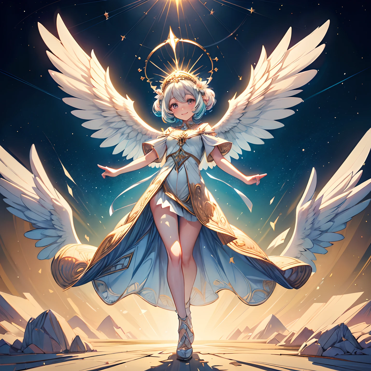 (full-body shot:1.4), White background, (1 angel girl,shining wings, halo, exquisite headdress, smile), (paper art, Quilted paper art, geomerty), (extremely colorful, Best quality, high detailed, Masterpiece, Cinematic Lighting, 4K, Chiaroscuro)