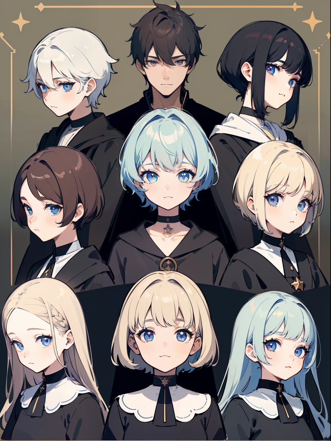 ((Masterpiece, Highest quality)), Detailed face, character sheets, full bodyesbian, Full of details, Multiple poses and expressions, Highly detailed, Depth, Many parts, 1boys , Children all over the body :3, Priesthood dress, The color hair,Black choker, The eye, Star (symbol), pupils in symbol shapes