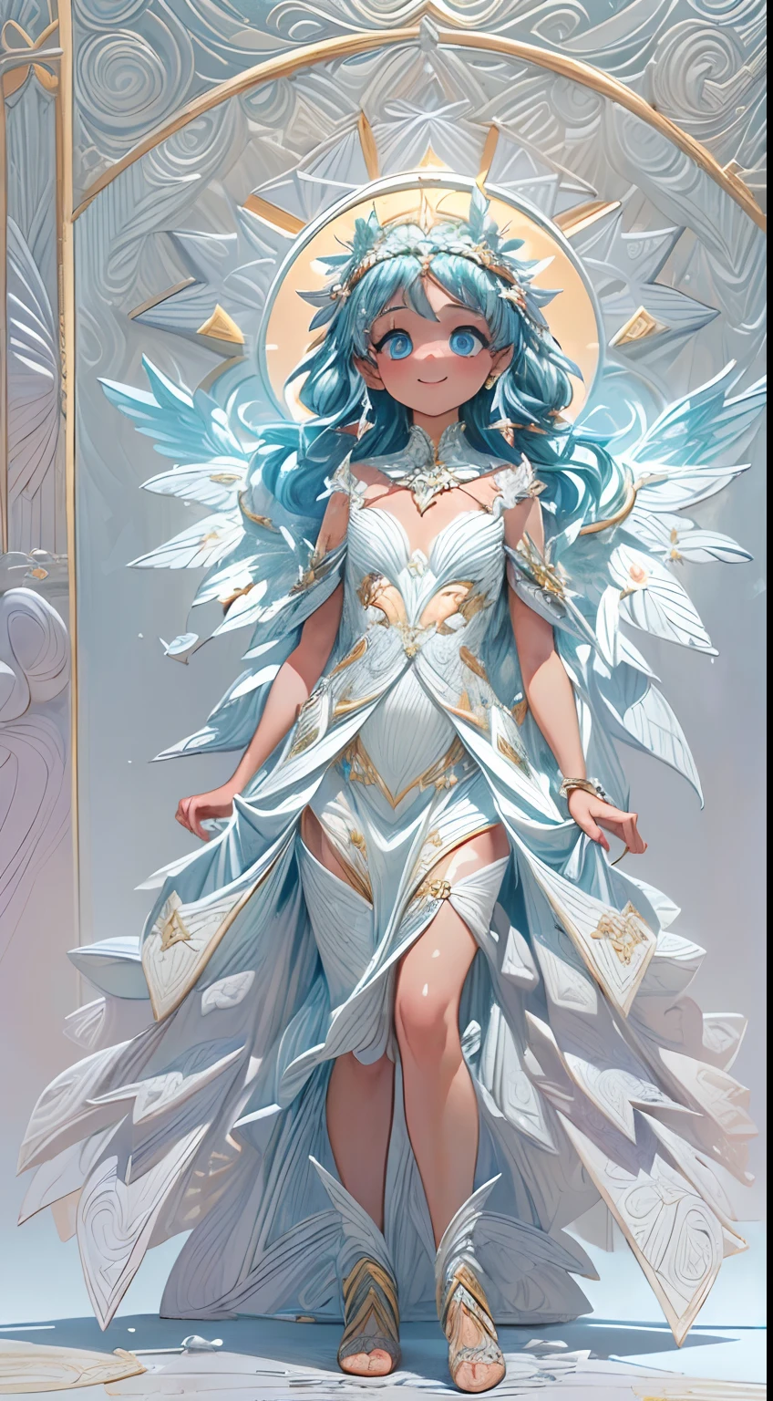 (full-body shot:1.4), White background, (1 angel girl,shining wings, halo, exquisite headdress, smile), (paper art, Quilted paper art, geomerty), (extremely colorful, Best quality, high detailed, Masterpiece, Cinematic Lighting, 4K, Chiaroscuro)