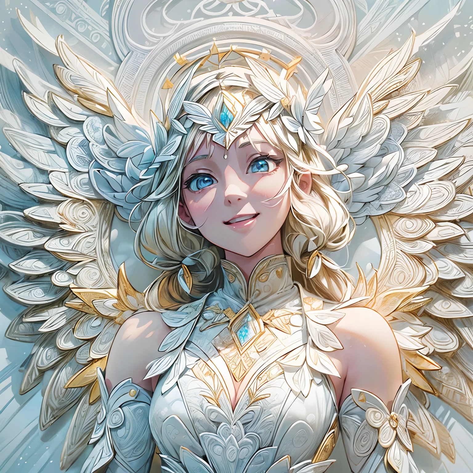 (full-body shot:1.4),  White background, (1 angel girl,shining wings, halo, exquisite headdress, smile), (paper art, Quilted paper art, geomerty), (extremely colorful, Best quality, high detailed, Masterpiece, Cinematic Lighting, 4K, Chiaroscuro)