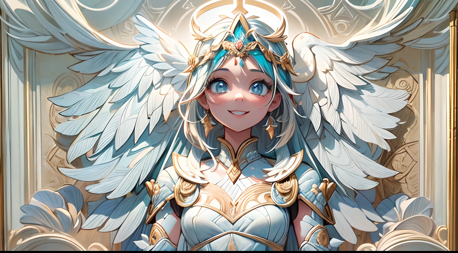 (full-body shot:1.4), White background, (1 angel girl,shining wings, halo, exquisite headdress, smile), (paper art, Quilted paper art, geomerty), (extremely colorful, Best quality, high detailed, Masterpiece, Cinematic Lighting, 4K, Chiaroscuro)