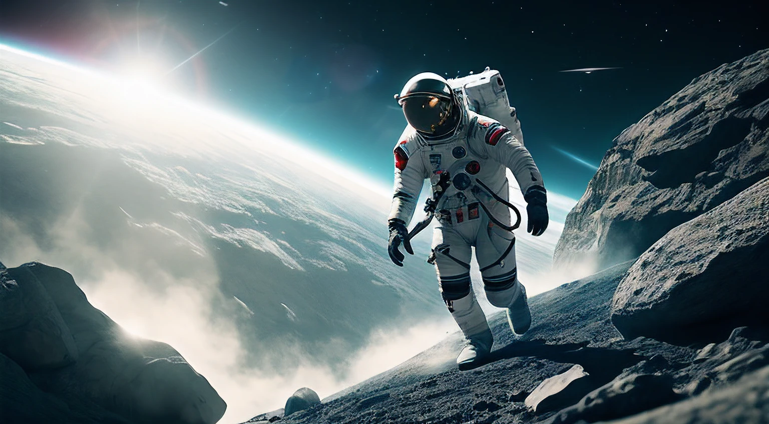 An astronaut walking on the moon with a planet in the background ...