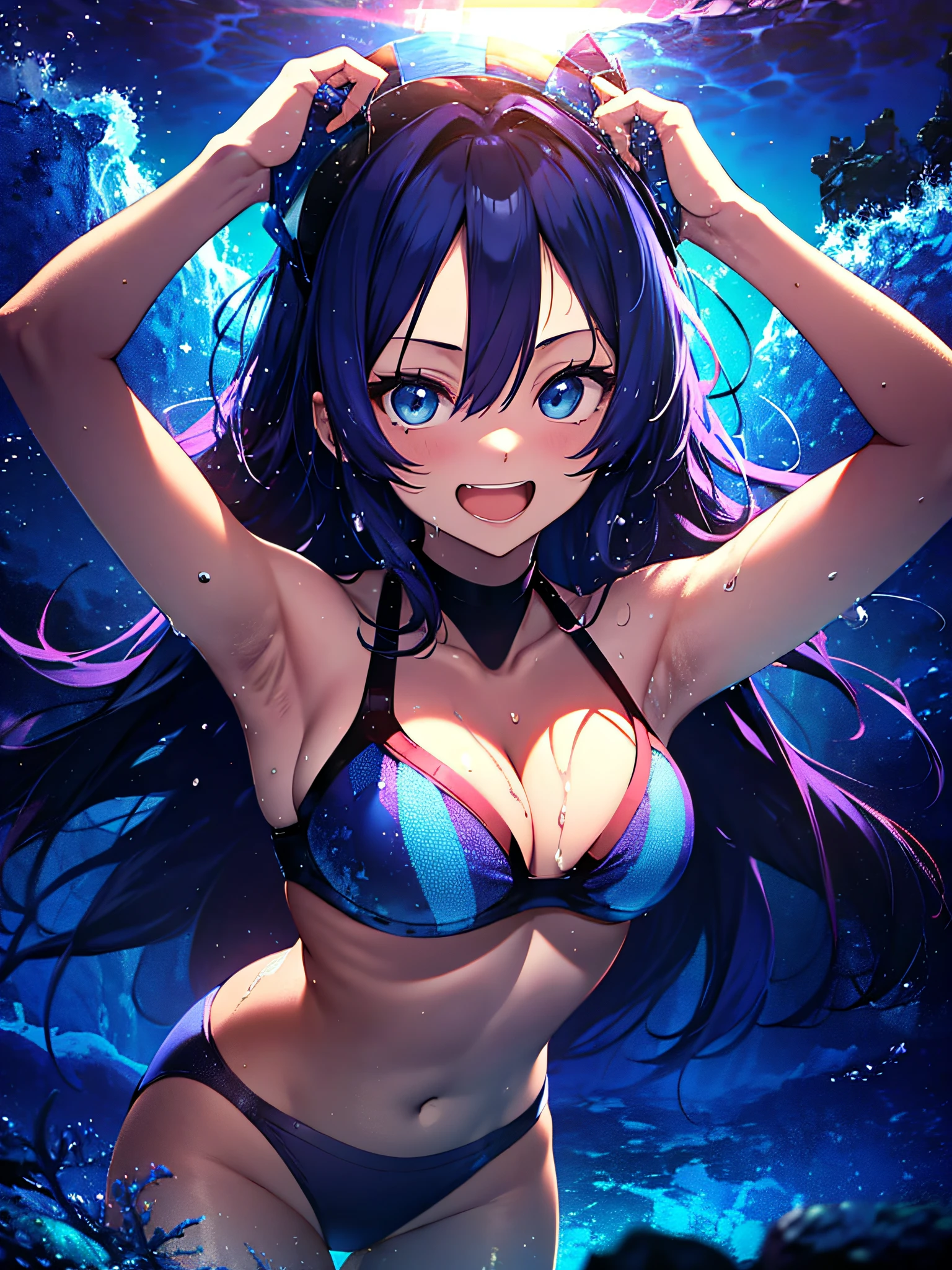 (masutepiece:1.3), (Best Quality:1.3), High resolution, Couboy Shot, Spinning Pose、stick out chest.、I have a big smile on my face.....、Surprised expression、Spread your arms、Hair color is purple、Long hair、Blue Mesh、blacklight、Squat position、Vivid sea、Iridescent Sea、huge smile、Spectacular background、The sun's rays illuminate her so beautifully, (One Cute Girl:1.3), 、Long hair, hair so thick that you can see your forehead, Small breasts, Swim in the sea、Spectacular sunlight seen from the deep sea、White swimsuit、Swimwear choose absolutely white、Wet