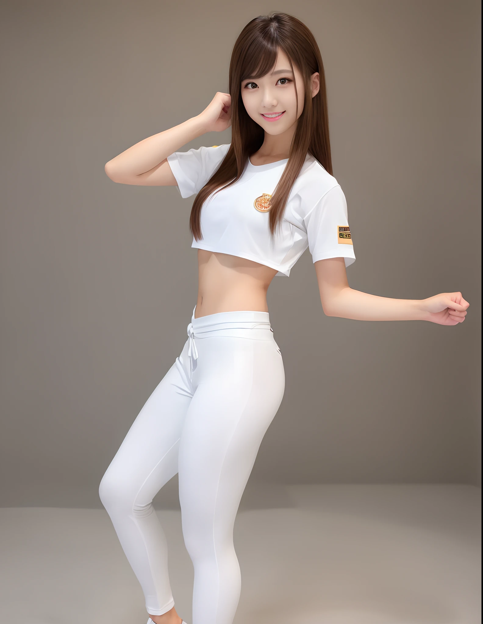 (Photorealsitic)(sixteen years old), Perfectly beautiful woman, (Full body 8K portrait), Stick out your fist, Large and dynamic hand and foot movements, Correct skeleton, White Karate Uniform, White karate pants, Large bust,Stand alone, Perfect facial detail, (Smile: 1.15), attractive beautiful face, gazing at viewer, a small face, 二重まぶた, Beautiful detailed eyes, long eyeslashes, ligh brown hair, Hairstyle is bob style, Toned waist, Beautiful thin legs, toned ankles, bare-legged ,TOKYOcty