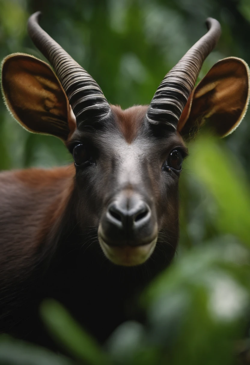 High National Geographic symmetry close-up portrait shot in expressive Saola in green jungle, Anamorphic lenses, Ultra-realistic, Hyper-detailed, Green core, Jungle Core – AR 16:9 –q 2 –v 5