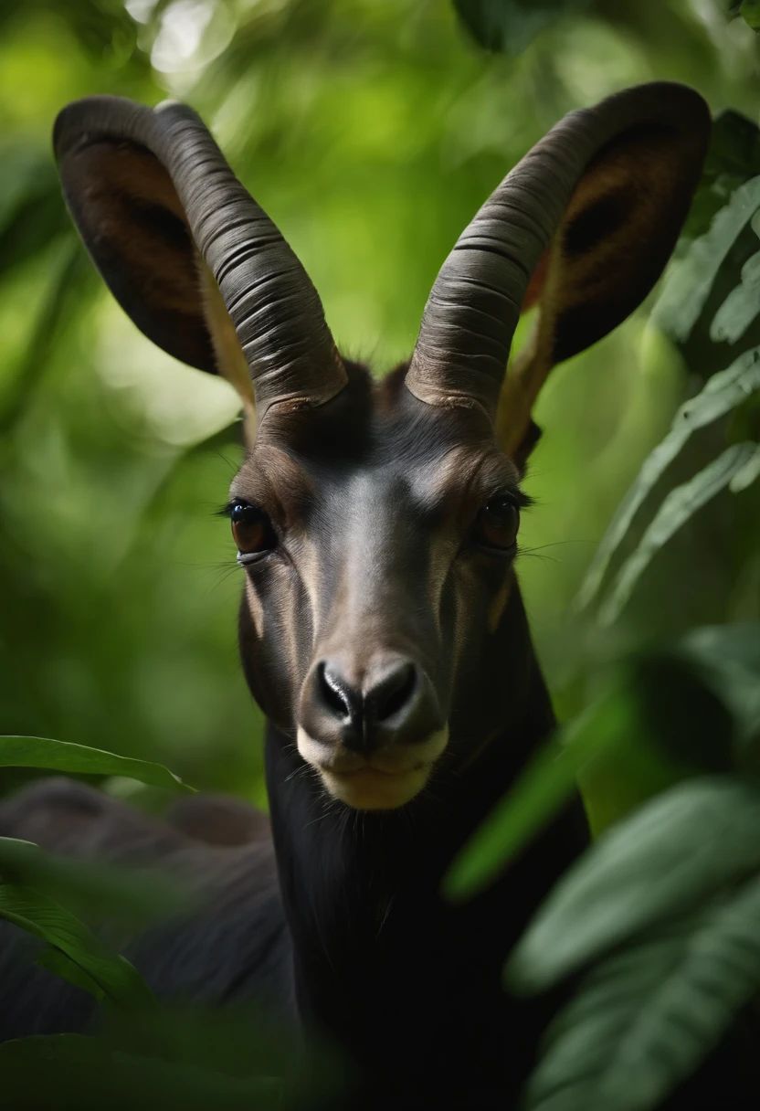 High National Geographic symmetry close-up portrait shot in expressive Saola in green jungle, Anamorphic lenses, Ultra-realistic, Hyper-detailed, Green core, Jungle Core – AR 16:9 –q 2 –v 5