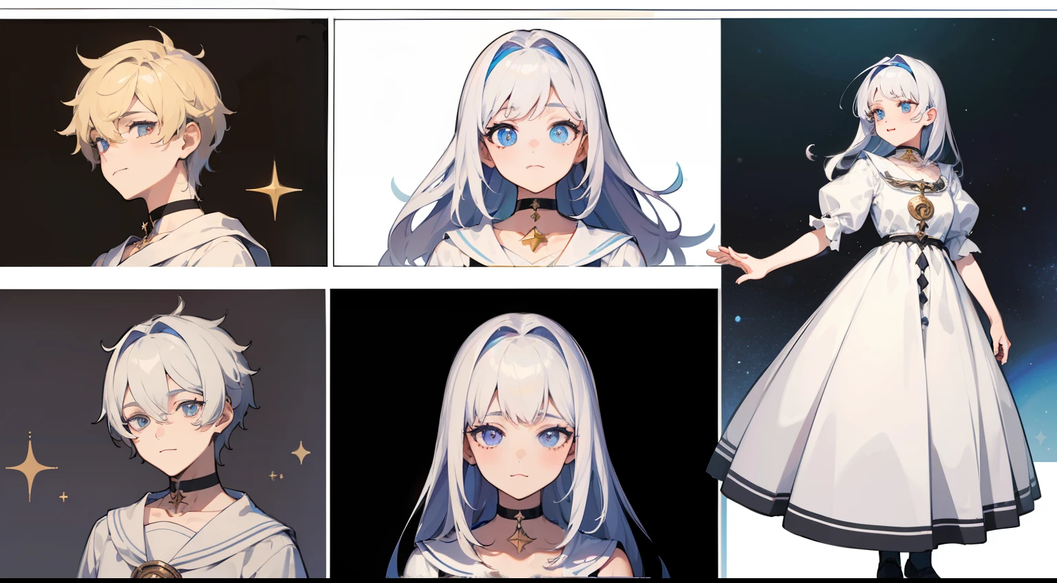 ((Masterpiece, Highest quality)), Detailed face, character sheets, full bodyesbian, Full of details, Multiple poses and expressions, Highly detailed, Depth, Many parts, 1boys , Children all over the body :3,  Priesthood dress, The color hair，Black choker, The eye, Star (symbol), pupils in symbol shapes