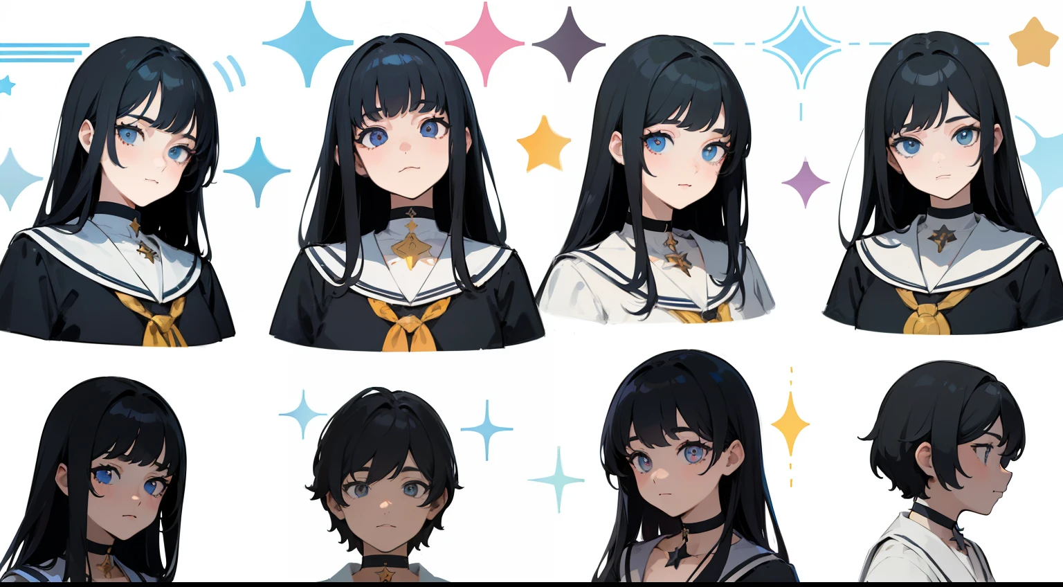 ((Masterpiece, Highest quality)), Detailed face, character sheets, full bodyesbian, Full of details, Multiple poses and expressions, Highly detailed, Depth, Many parts, 1boys , Children all over the body :3,  Priesthood dress, The color hair，Black choker, The eye, Star (symbol), pupils in symbol shapes